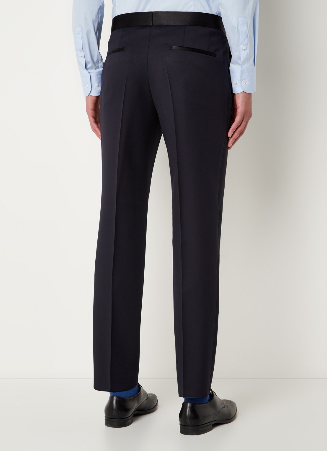 BOSS H-Genius-Tux-B1 slim fit pantalon van wol met contrast in zijdeblend  - achterkant donkerblauw