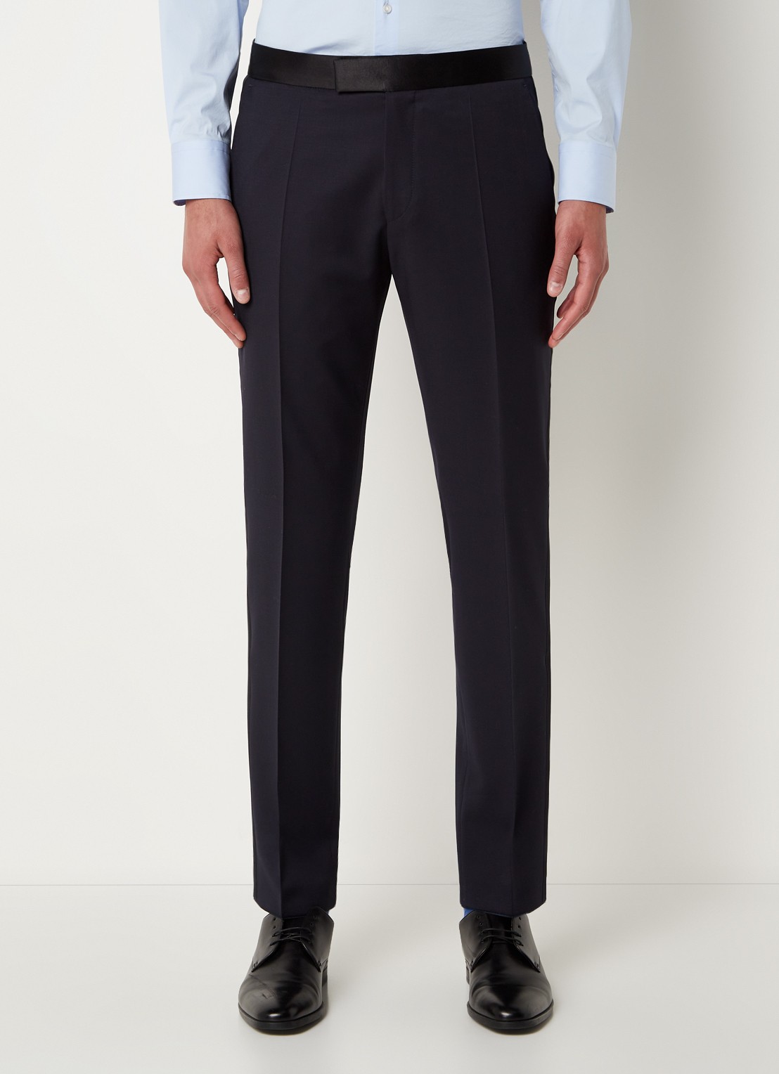 BOSS H-Genius-Tux-B1 slim fit pantalon van wol met contrast in zijdeblend  - detail 2 donkerblauw