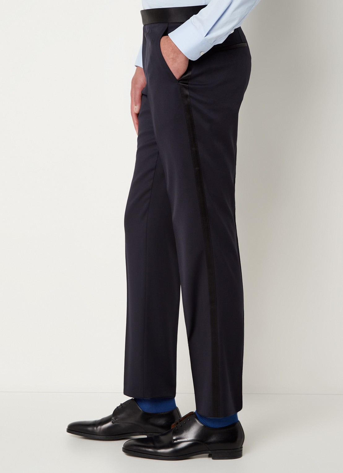 BOSS H-Genius-Tux-B1 slim fit pantalon van wol met contrast in zijdeblend  - detail 3 donkerblauw