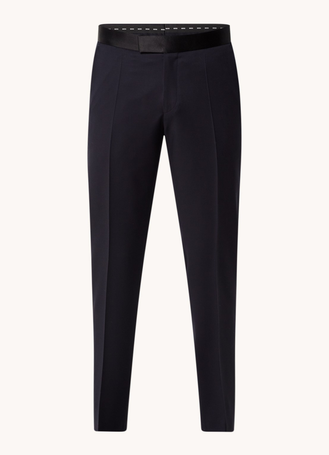 BOSS H-Genius-Tux-B1 slim fit pantalon van wol met contrast in zijdeblend  - voorkant 5 donkerblauw