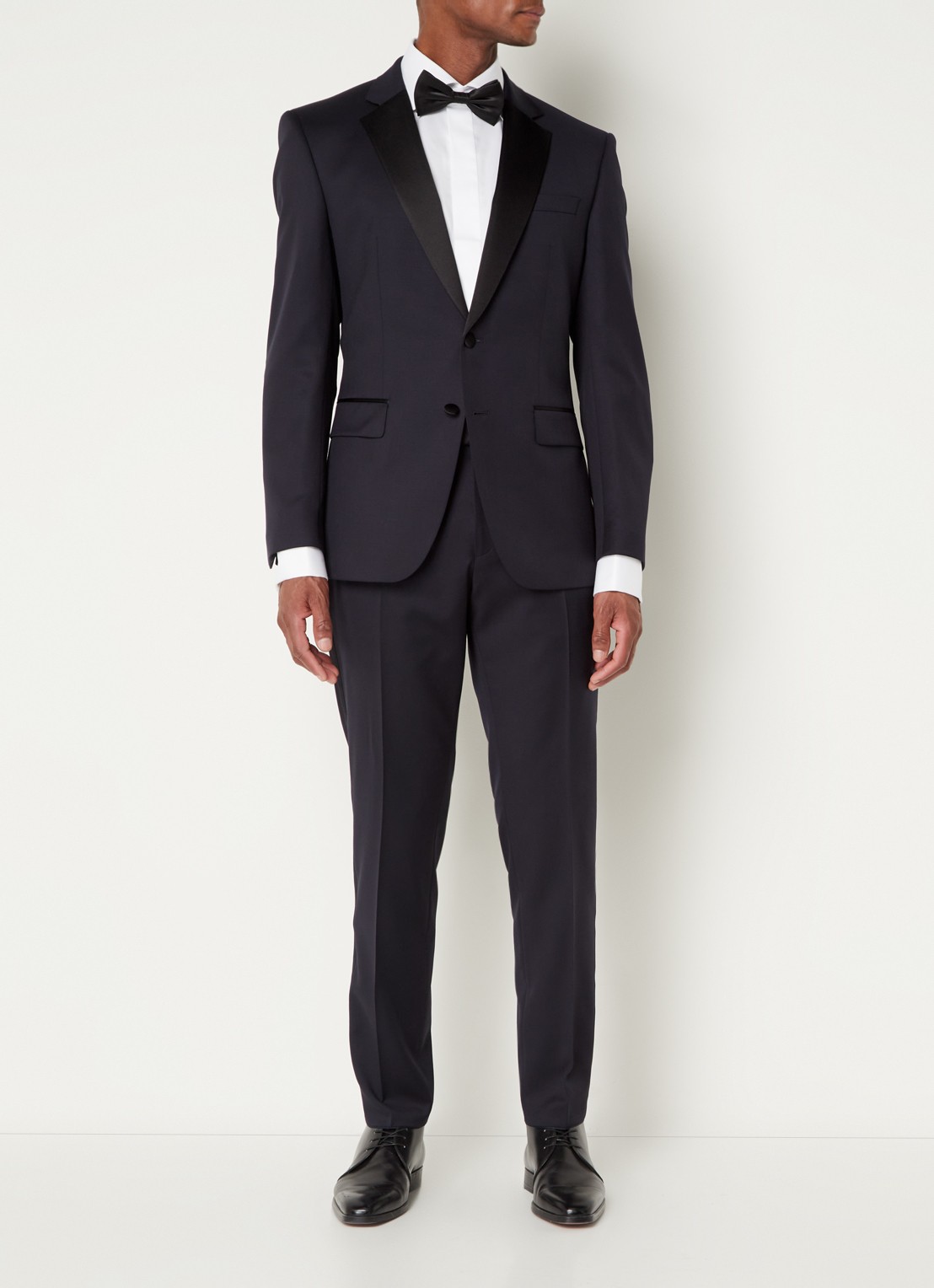 BOSS H-Genius-Tux-B1 slim fit pantalon van wol met contrast in zijdeblend  - voorkant 6 donkerblauw