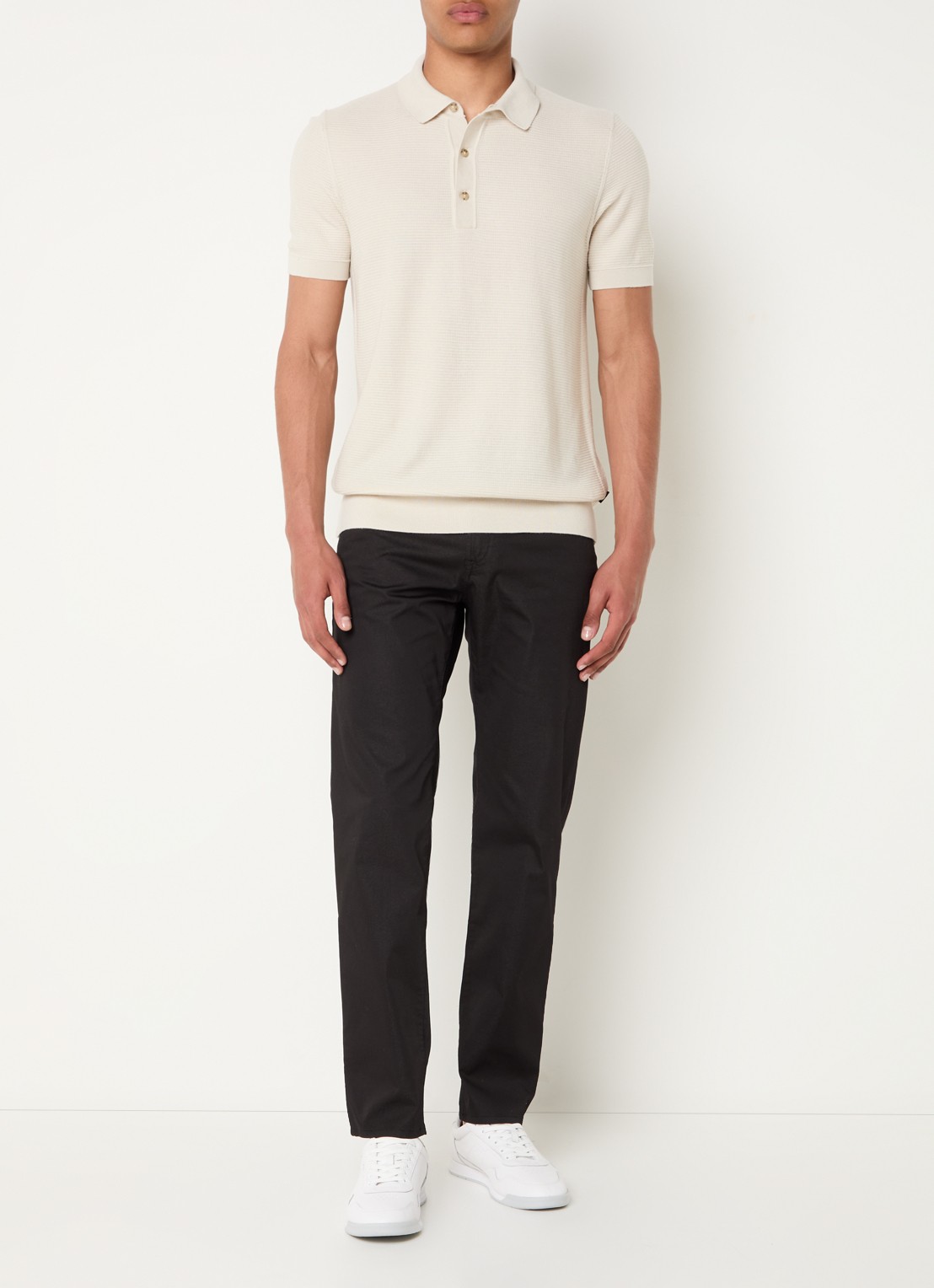 BOSS H-Iannotti grofgebreide regular fit polo  - voorkant 2 gebroken wit