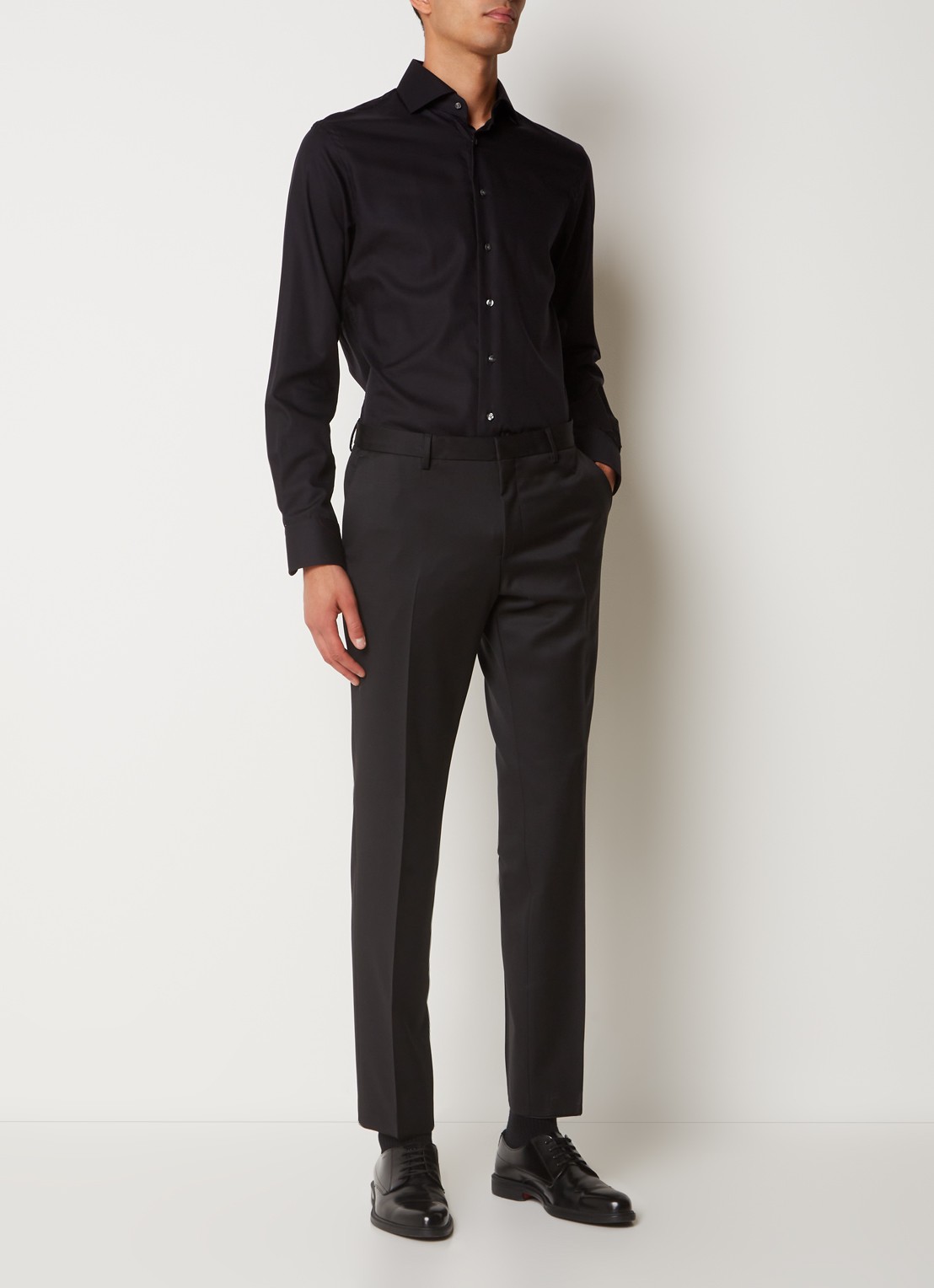 BOSS H-Wenten slim fit pantalon van scheerwol met steekzakken - voorkant 6 zwart