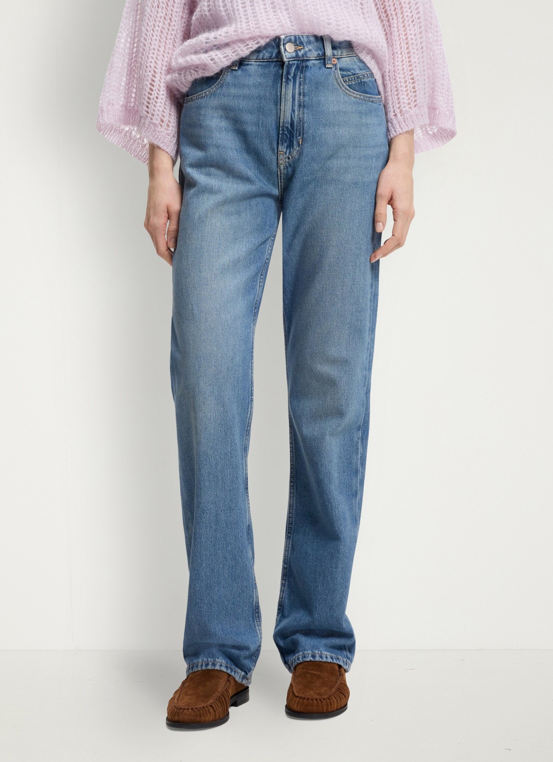 BOSS High waist straight fit jeans met lichte wassing - detail denim