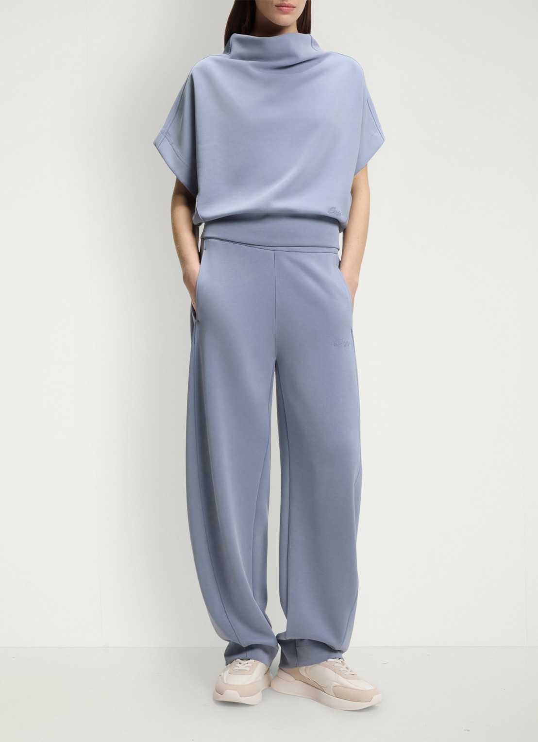 BOSS High waist wide fit joggingbroek met steekzakken - voorkant 5 blauwgrijs