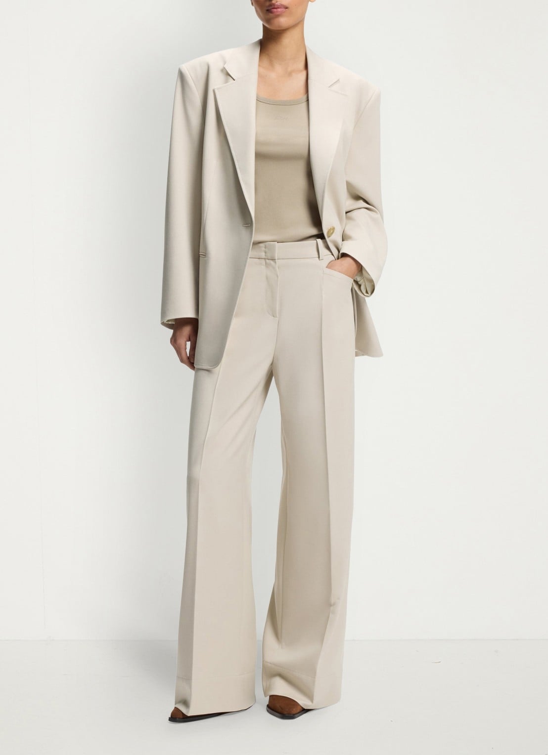 BOSS High waist wide fit pantalon met steekzakken - voorkant 2 creme