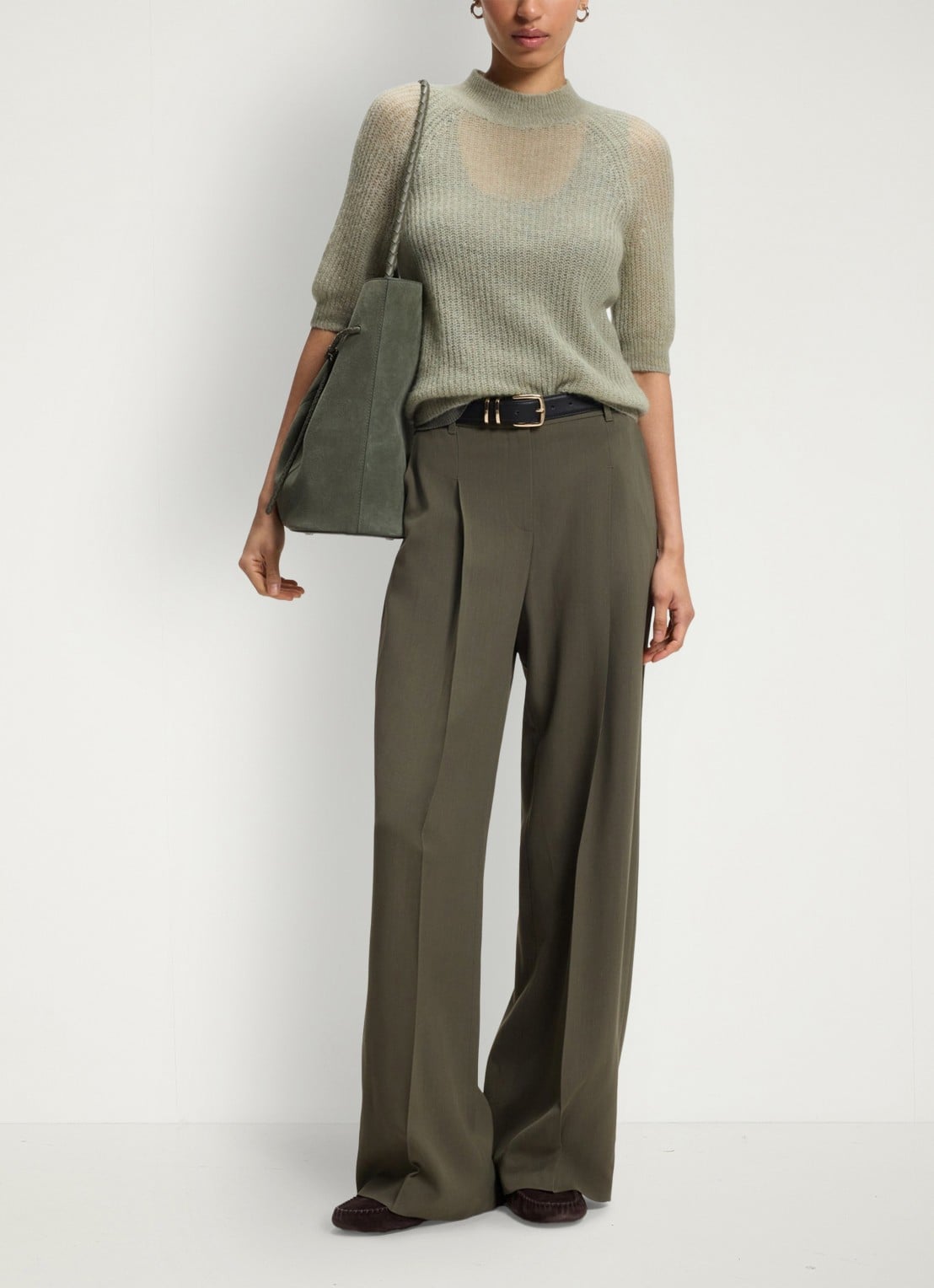 BOSS High waist wide fit pantalon met steekzakken - voorkant 6 donkergroen
