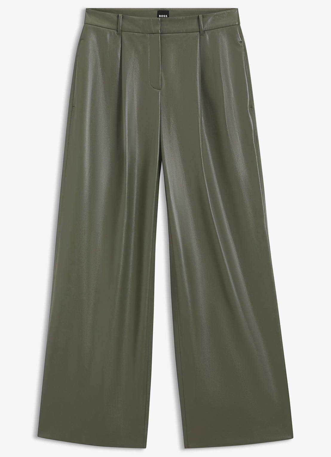 BOSS High waist wide fit pantalon van imitatieleer - voorkant 2 donkergroen