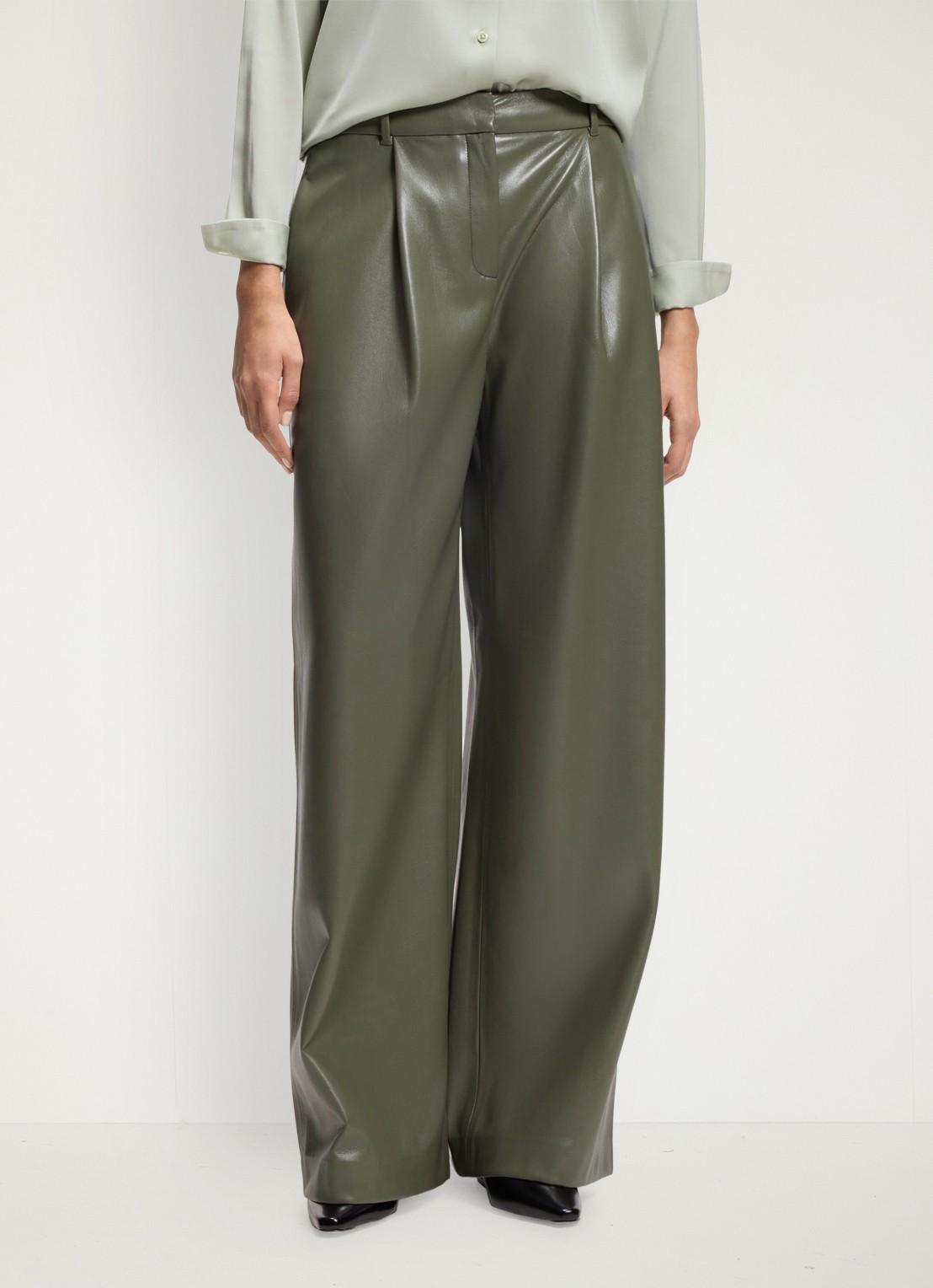 BOSS High waist wide fit pantalon van imitatieleer - detail 4 donkergroen
