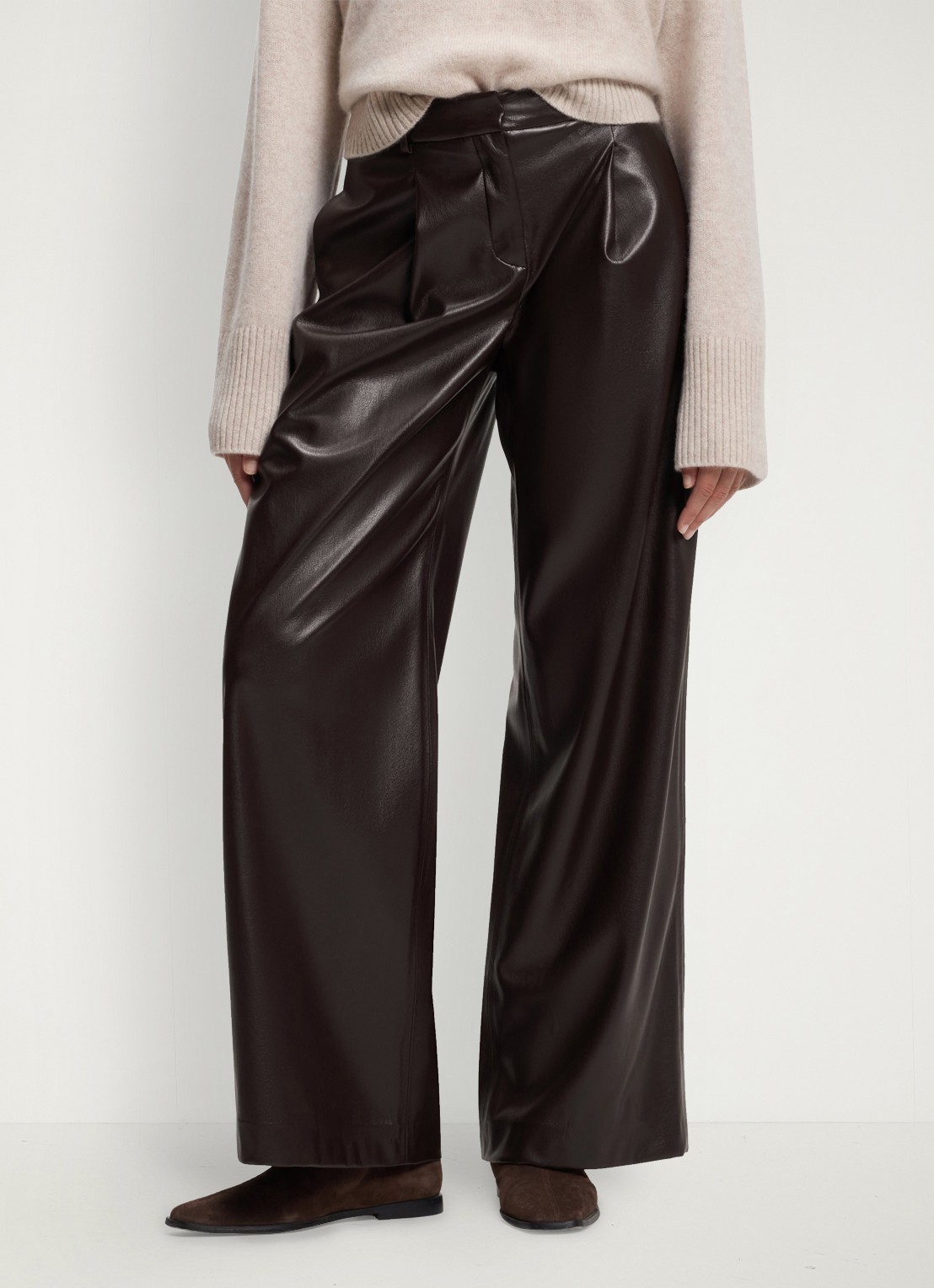 BOSS High waist wide fit pantalon van imitatieleer - detail 4 bruin