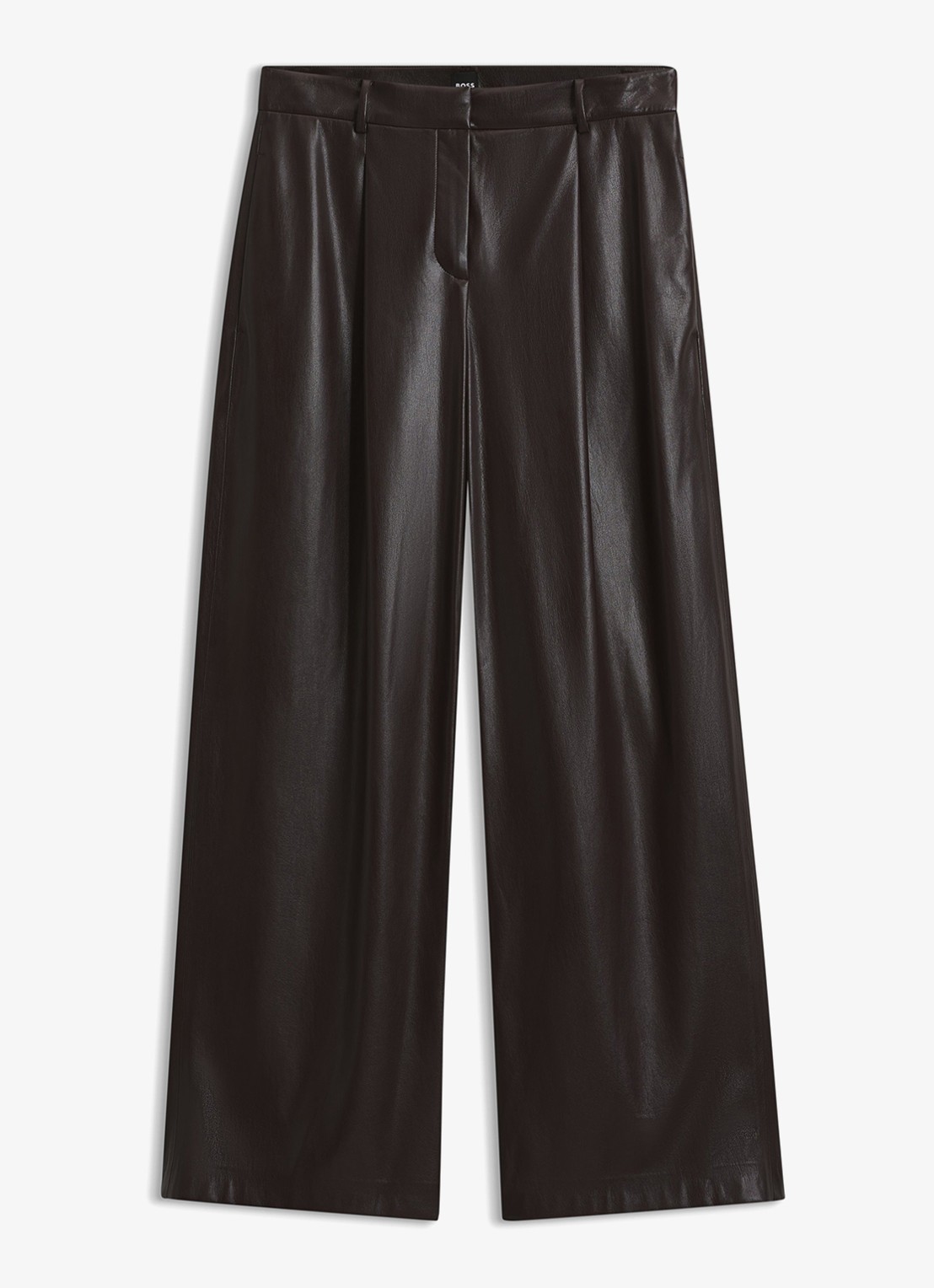 BOSS High waist wide fit pantalon van imitatieleer - voorkant 2 bruin