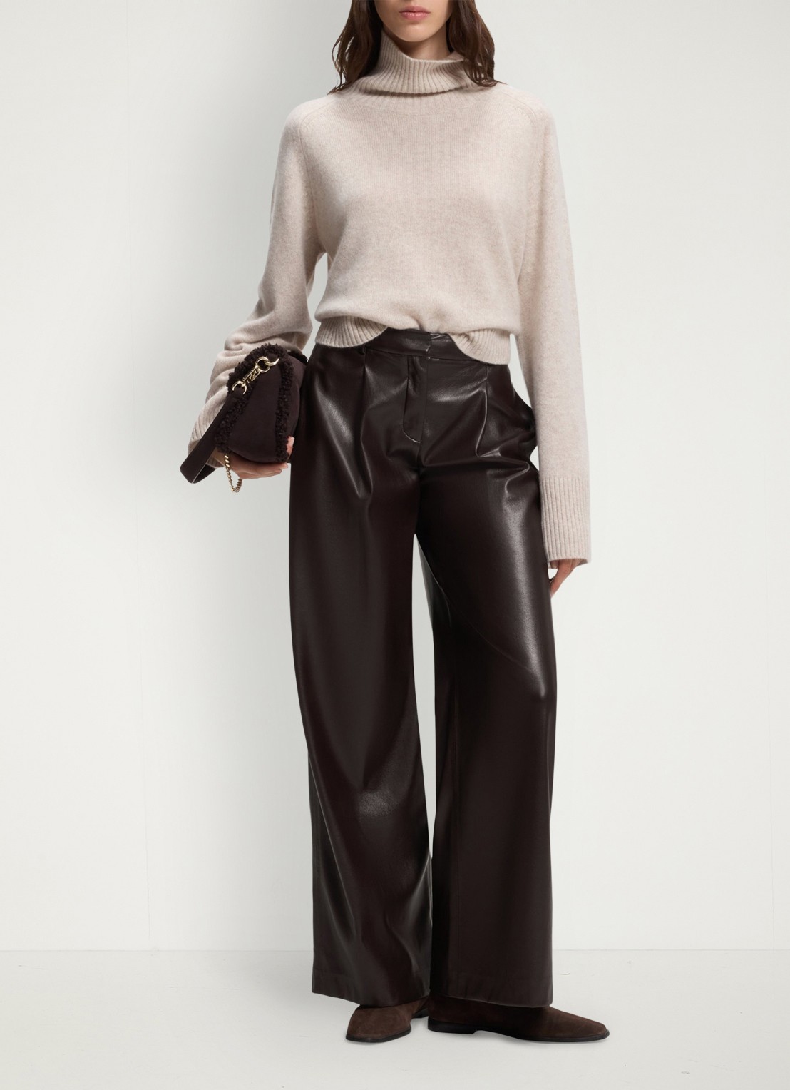 BOSS High waist wide fit pantalon van imitatieleer - voorkant 3 bruin