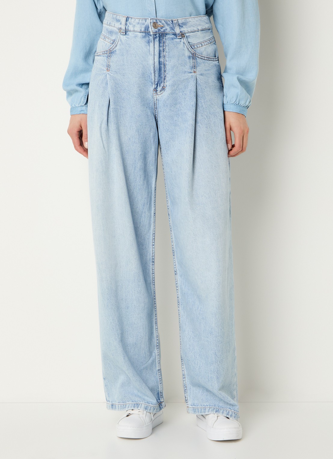 BOSS High waist wide leg jeans  met lichte wassing  - detail indigo