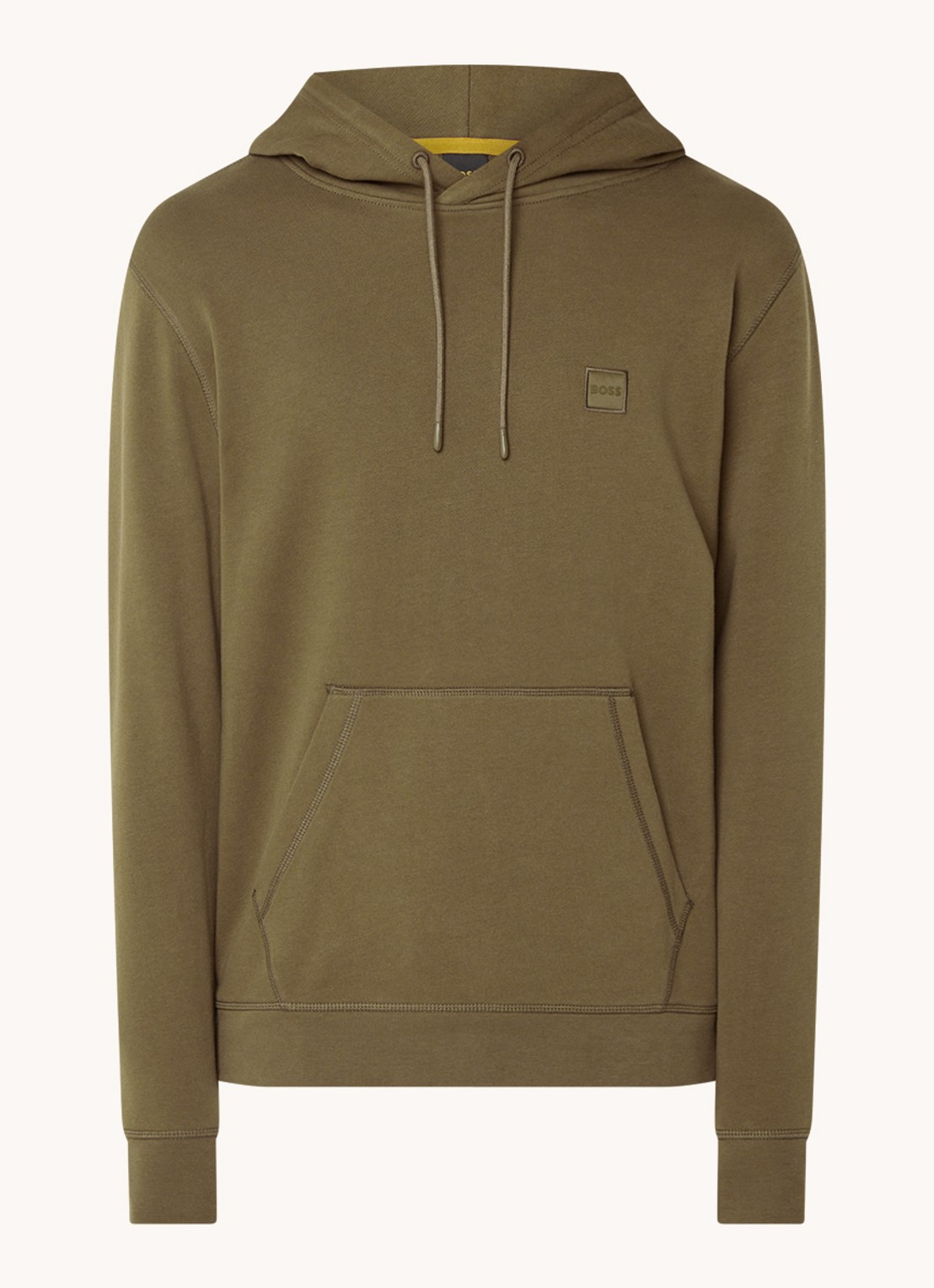 BOSS Hoodie van katoenen sweatstof met logopatch - voorkant 3 legergroen