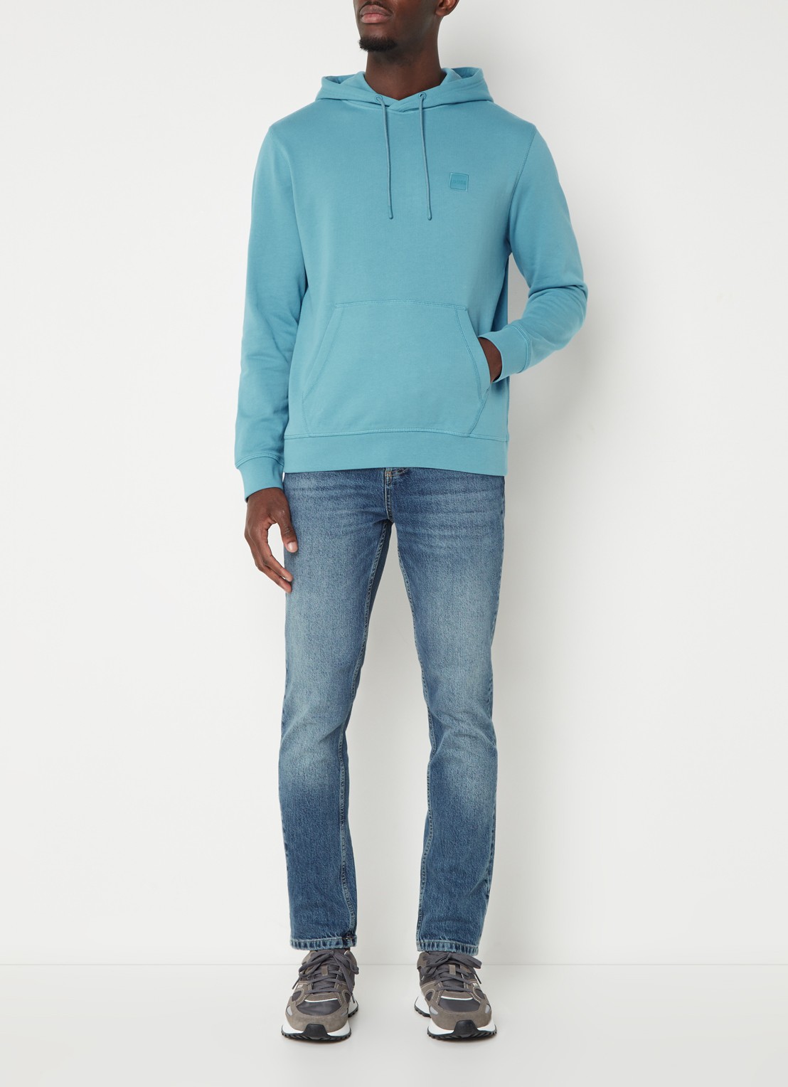 BOSS Hoodie van katoenen sweatstof met logopatch - voorkant 5 blauwgrijs