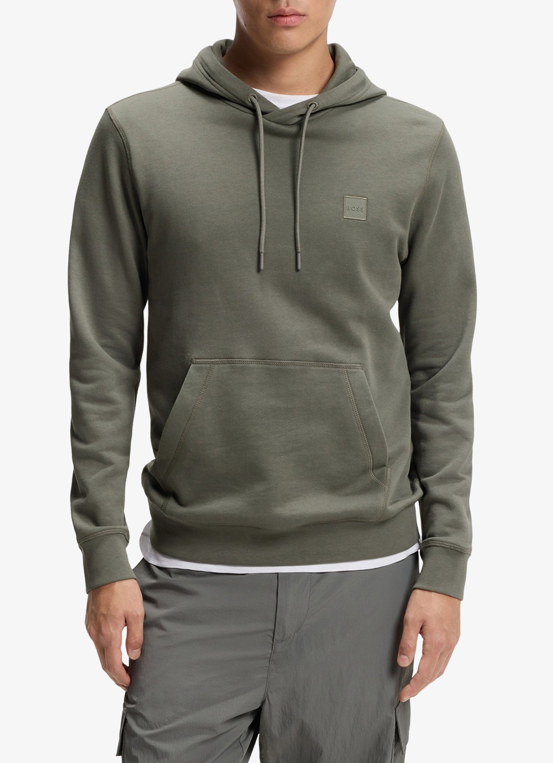 BOSS Hoodie van katoenen sweatstof met logopatch - detail open grey 076 / grijs