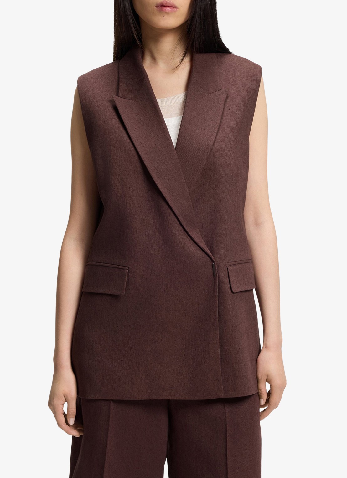 BOSS Jankania gilet in linnenblend - detail 4 dark brown-206 / bruin