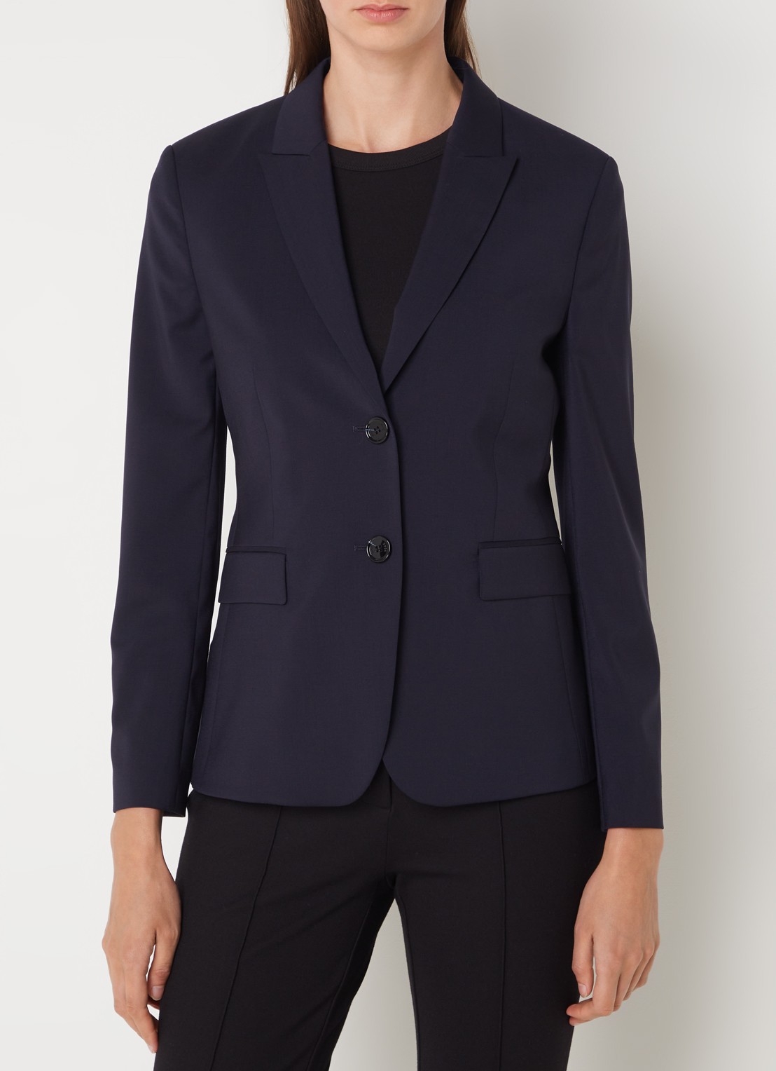 BOSS Juleah blazer van scheerwol met klepzakken - detail donkerblauw