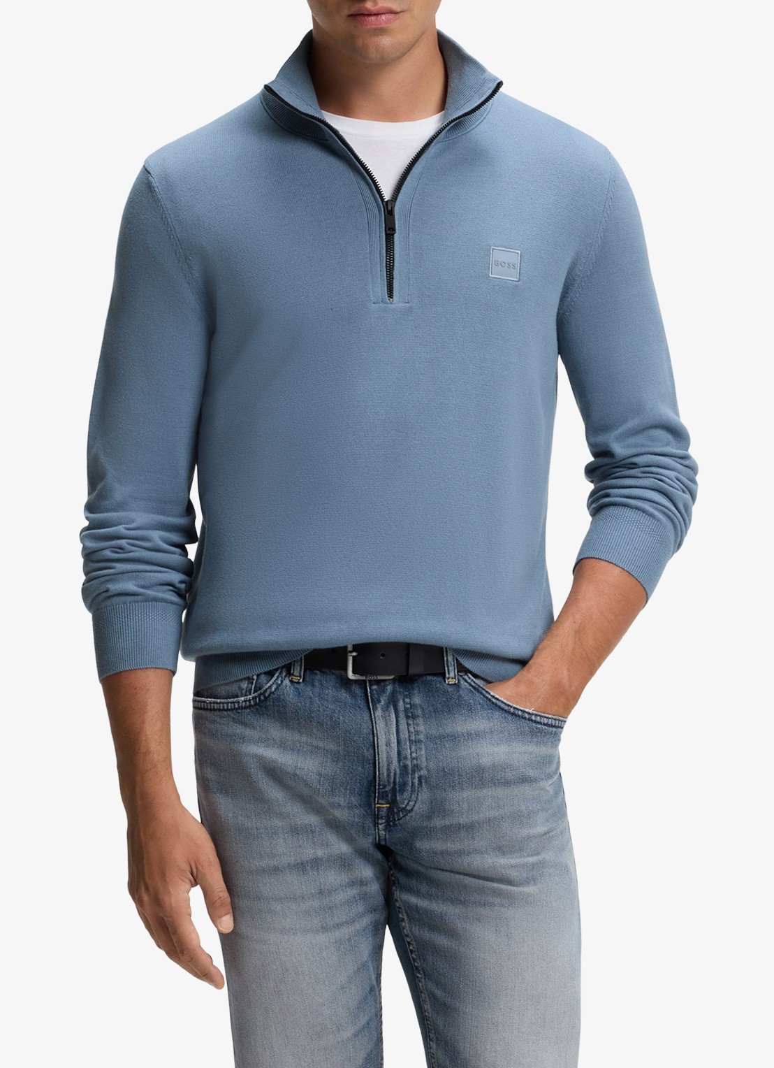 BOSS Kanobix_S fijngebreide trui in kasjmierblend met halve rits - detail 3 medium blue-424
