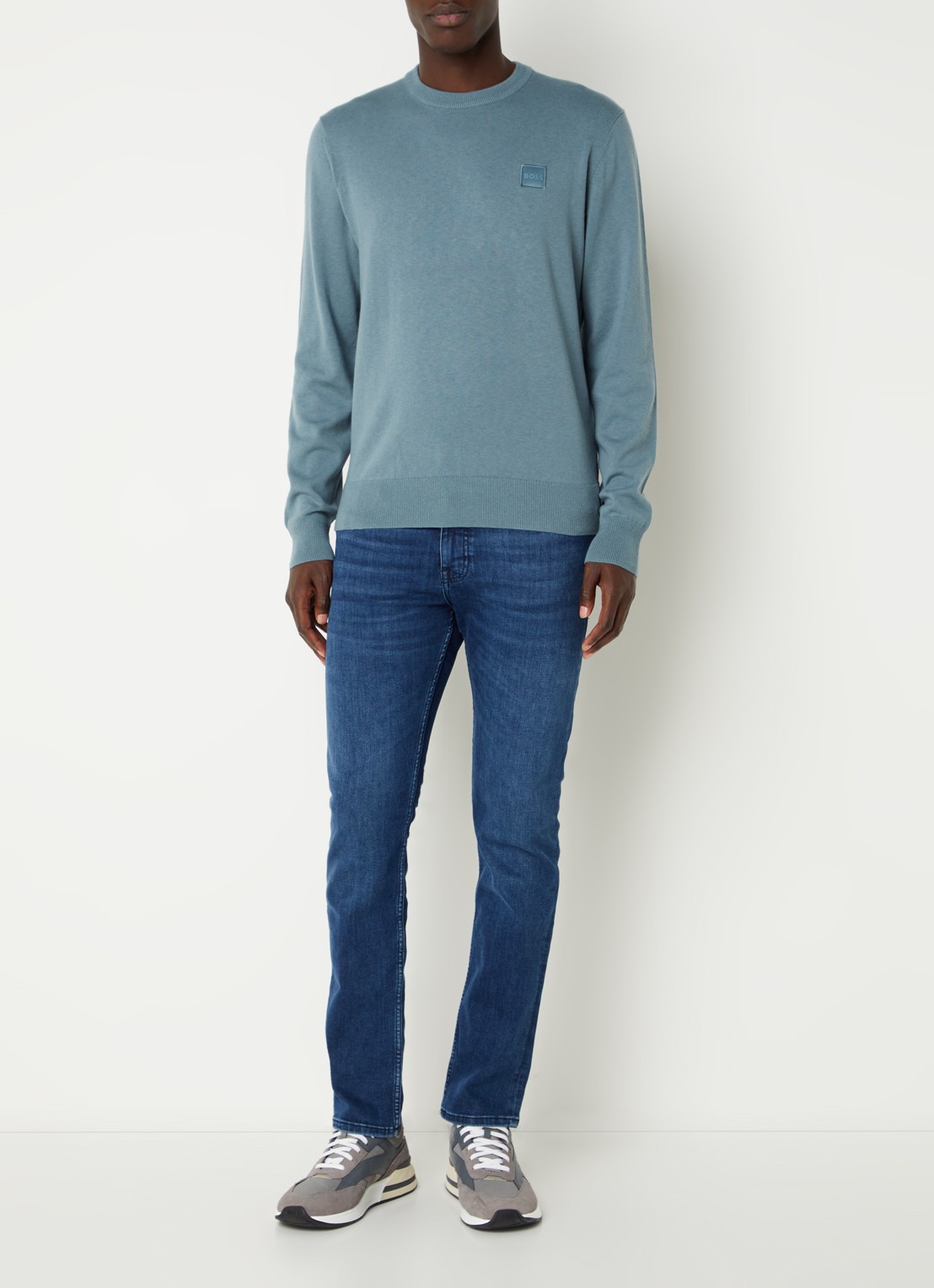 BOSS Kanovano fijngebreide pullover in kasjmierblend met logo  - voorkant 3 staalblauw