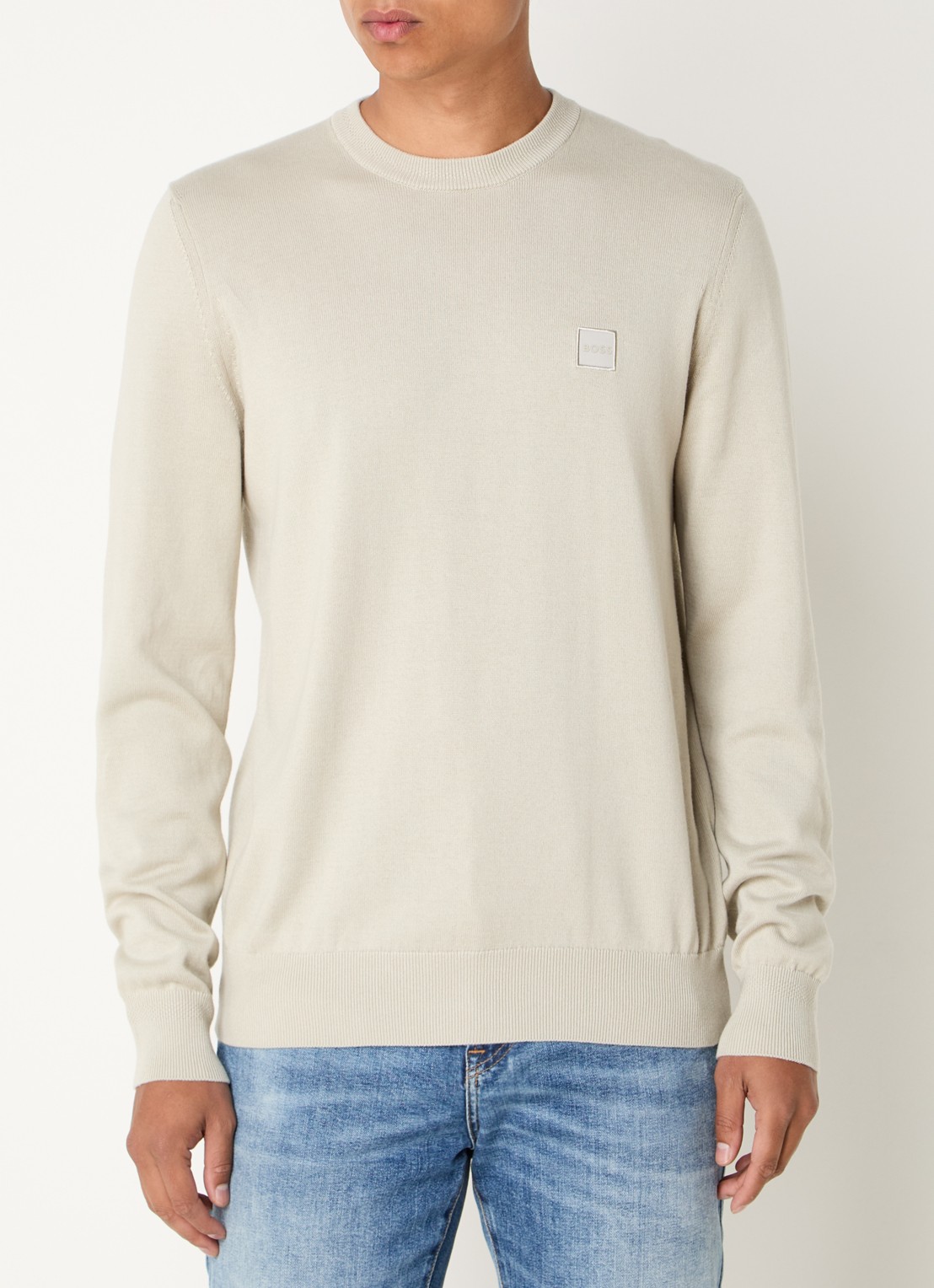 BOSS Kanovano fijngebreide pullover in kasjmierblend met logo  - detail donkerbeige