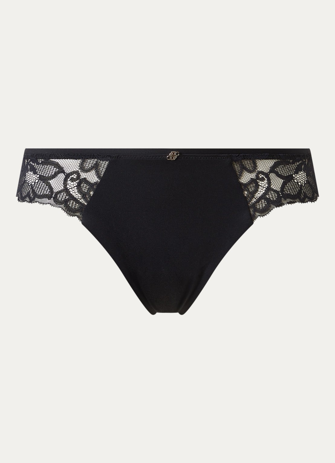 BOSS Kanten slip met mesh plooitjes en goudkleurig bedeltje - voorkant 2 black-001 / zwart