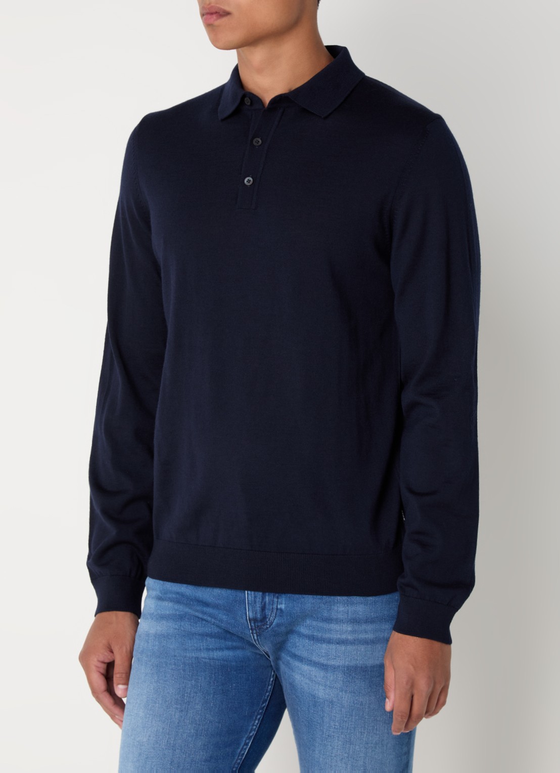 BOSS Lancione fijngebreide regular fit polo van wol - detail blauw