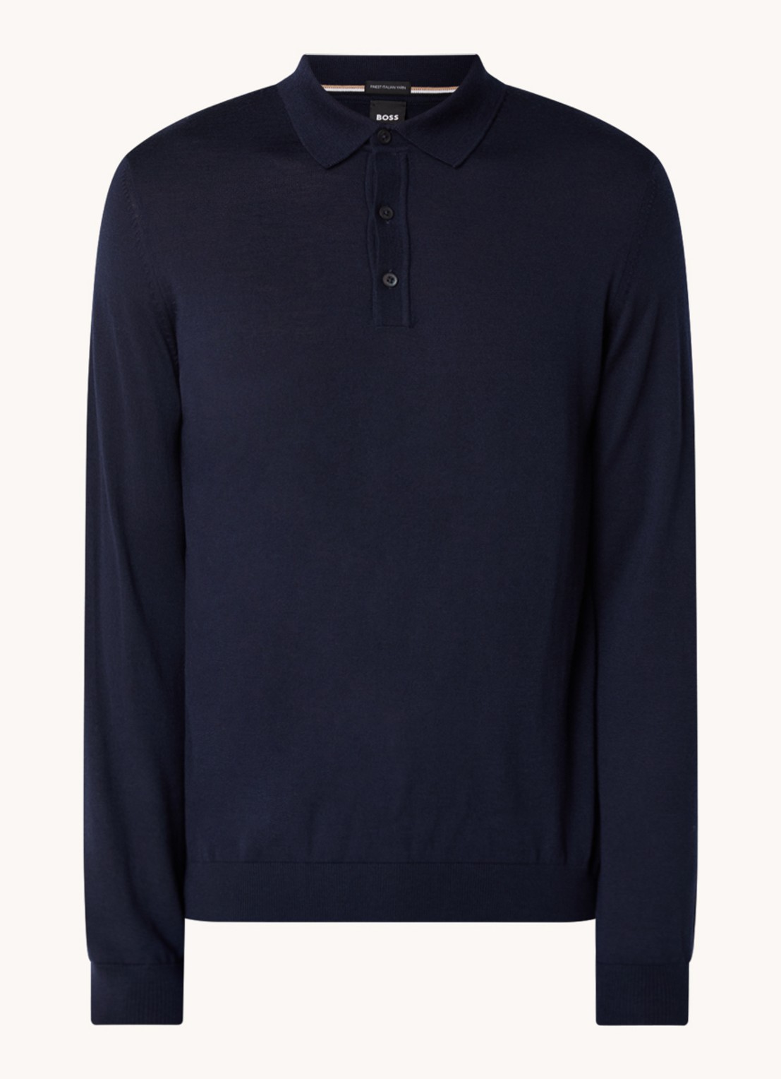 BOSS Lancione fijngebreide regular fit polo van wol - voorkant 2 blauw