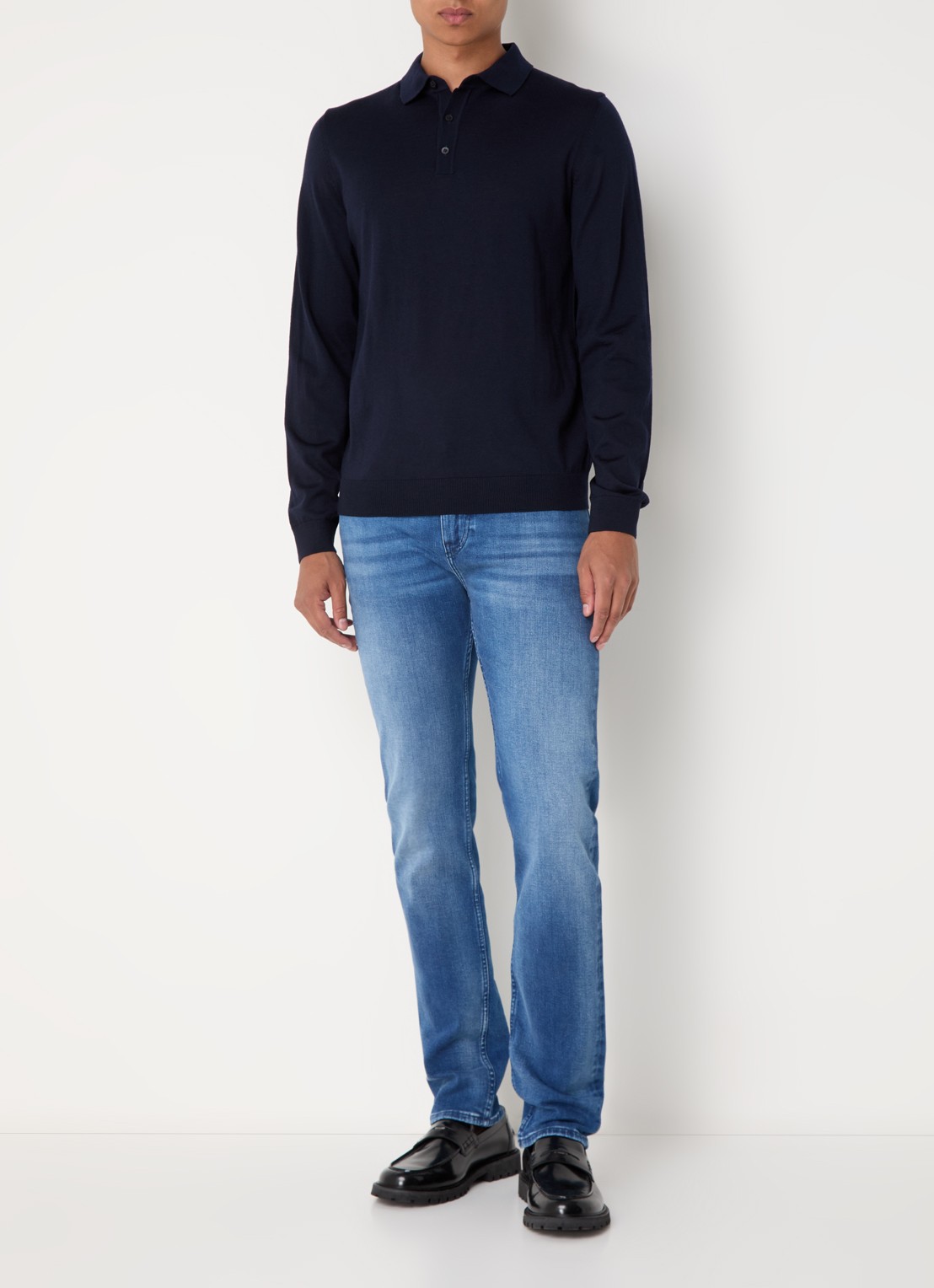 BOSS Lancione fijngebreide regular fit polo van wol - voorkant 3 blauw