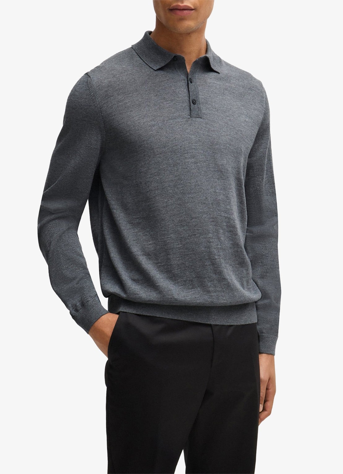 BOSS Lancione fijngebreide regular fit polo van wol - detail middengrijs