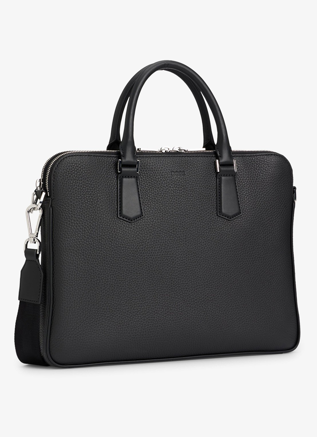 BOSS Laptoptas van leer met afneembare schouderriem - detail 3 zwart
