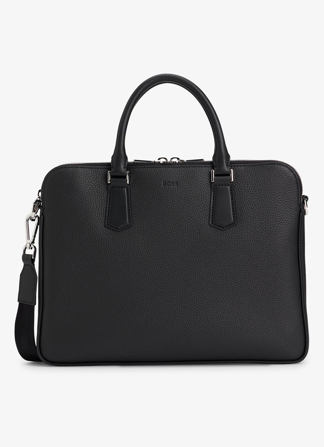BOSS Laptoptas van leer met afneembare schouderriem - voorkant 5 zwart