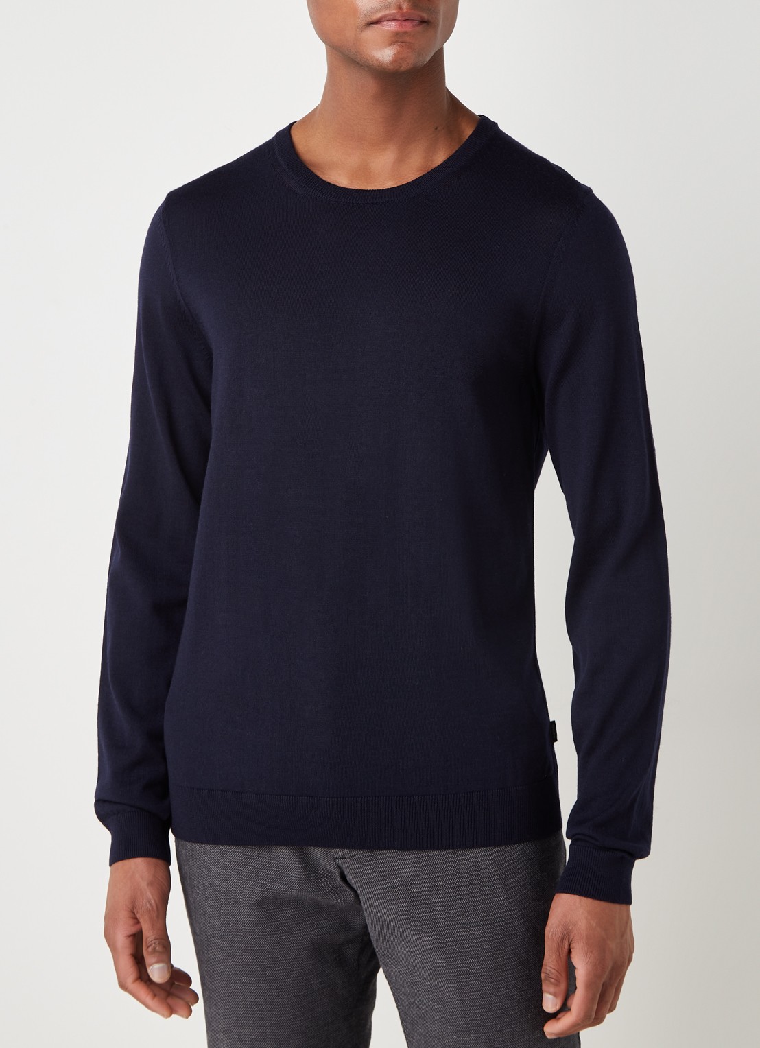 BOSS Leno-P fijngebreide pullover van scheerwol  - detail 4 donkerblauw