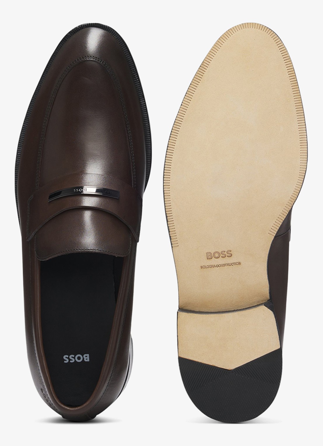 BOSS Loafer van leer met logo - achterkant donkerbruin