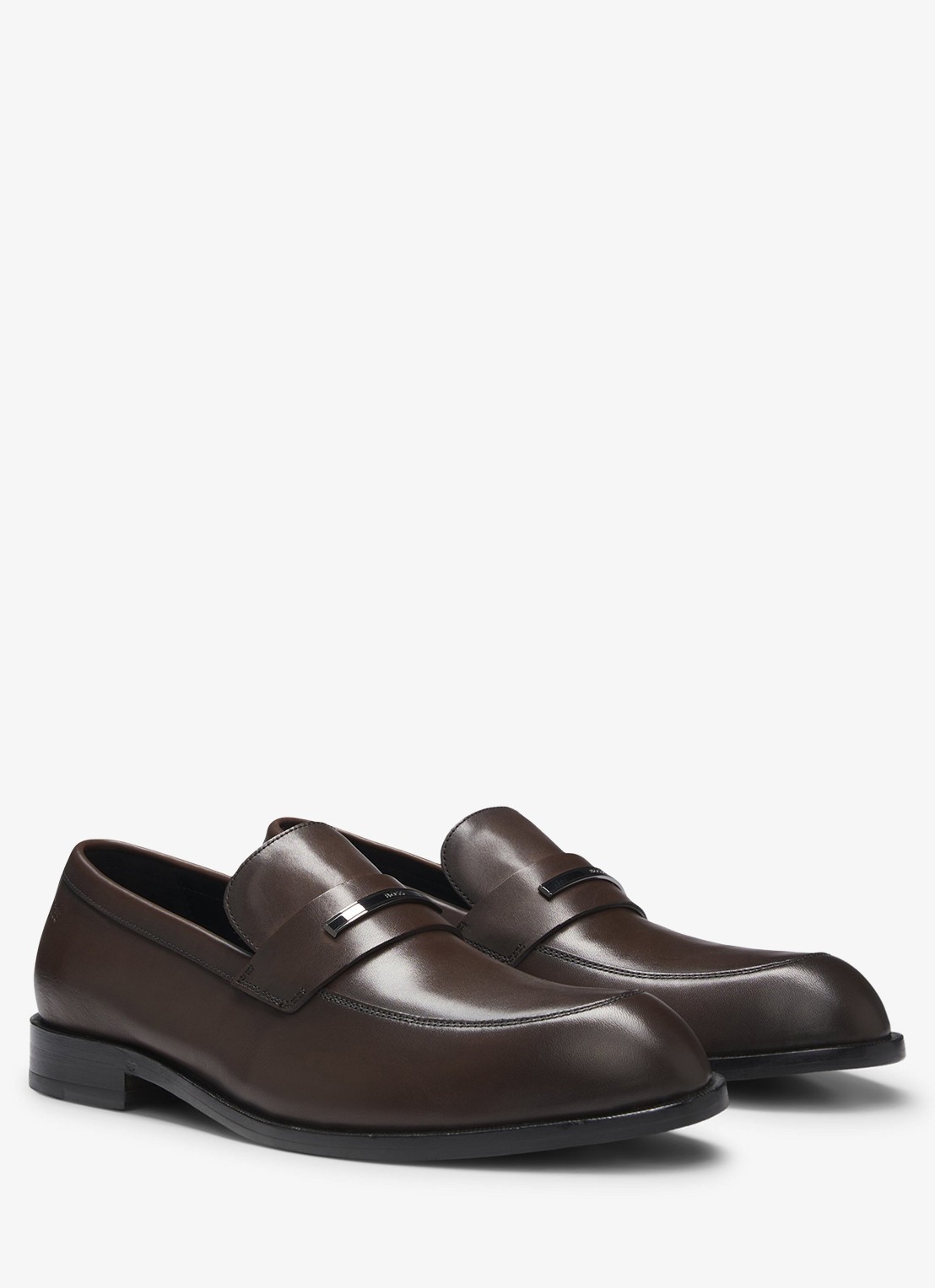 BOSS Loafer van leer met logo - voorkant 3 donkerbruin