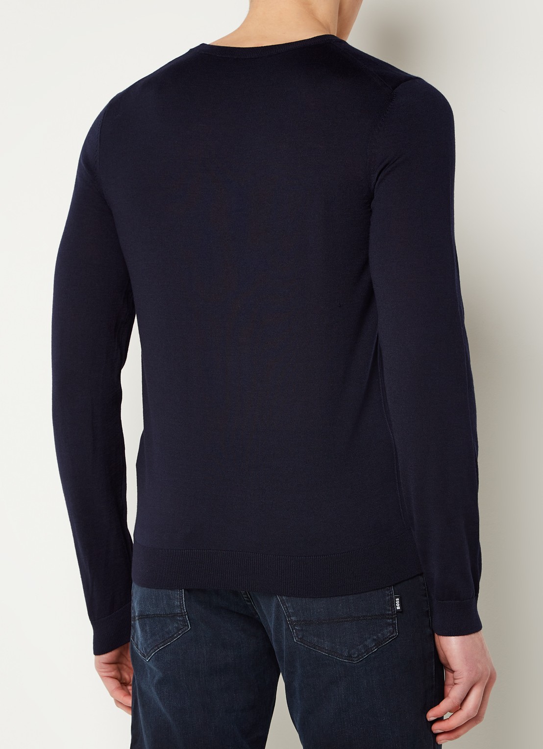 BOSS Melba-P fijngebreide pullover van scheerwol met V-hals - achterkant 3 donkerblauw