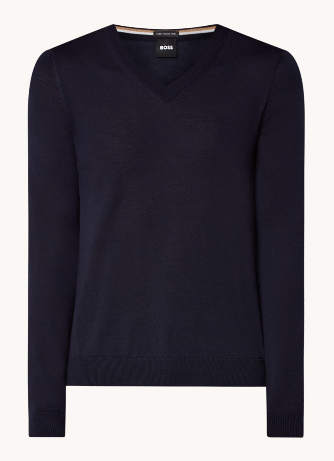 BOSS Melba-P fijngebreide pullover van scheerwol met V-hals - voorkant donkerblauw