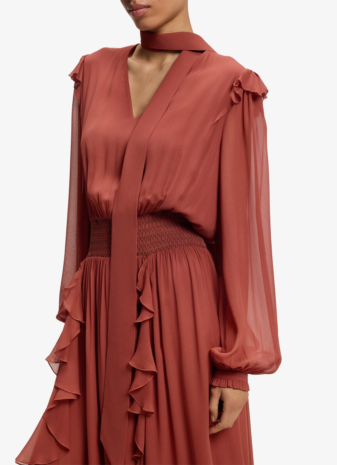 BOSS Midi jurk van crêpe met afneembare sjaal - detail 3 dark red-604 / rood