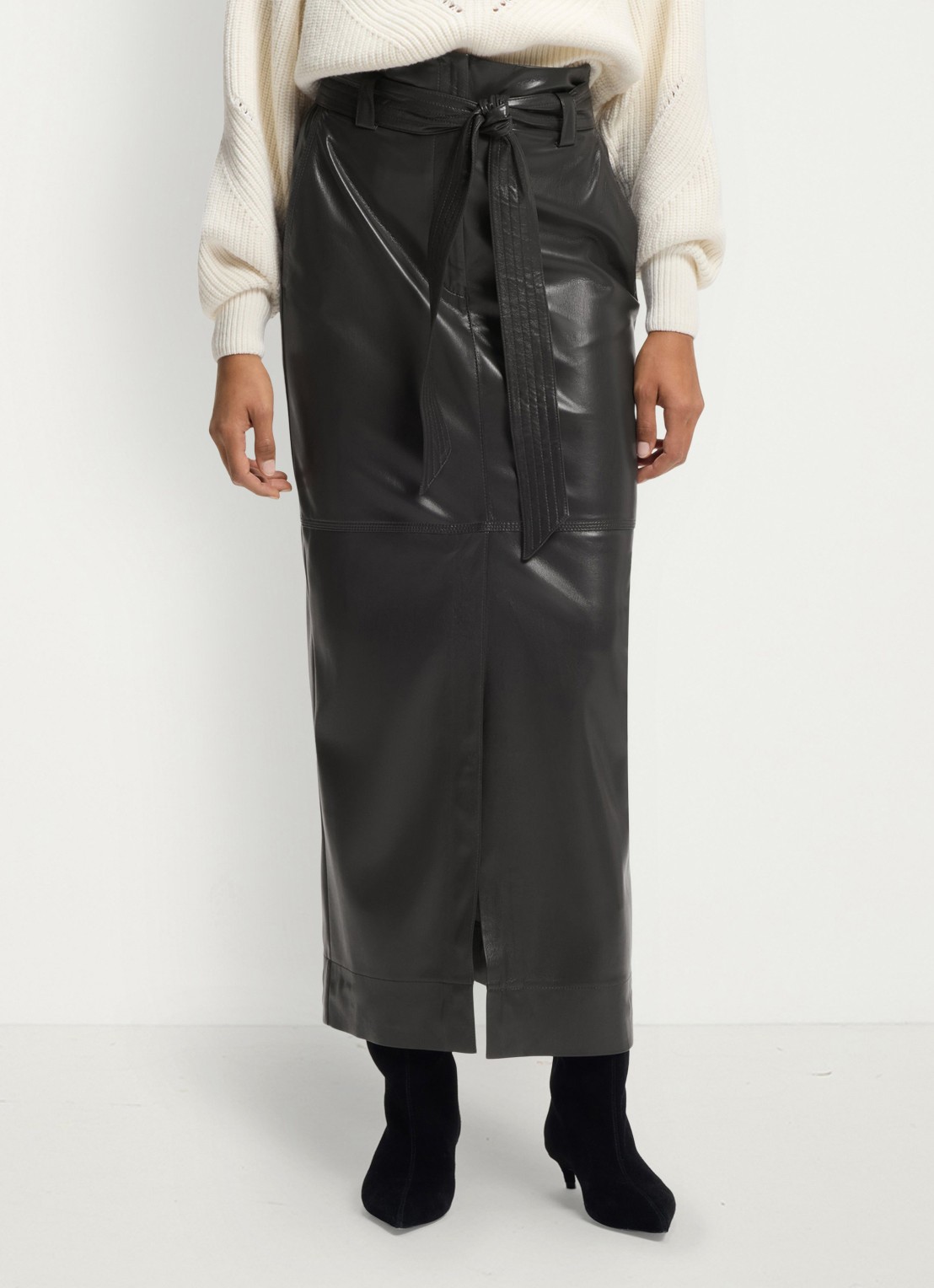 BOSS Midi rok van imitatieleer met strikceintuur - detail donkergrijs