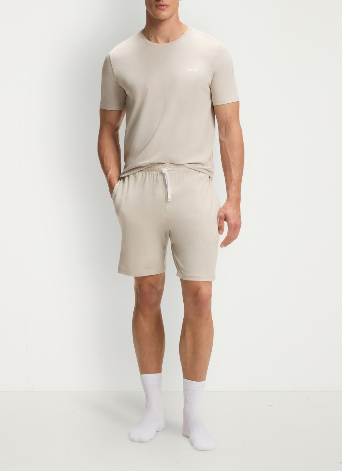 BOSS Mix&Match loose fit korte broek van sweatstof met steekzakken - voorkant 2 open grey-075 / grijs