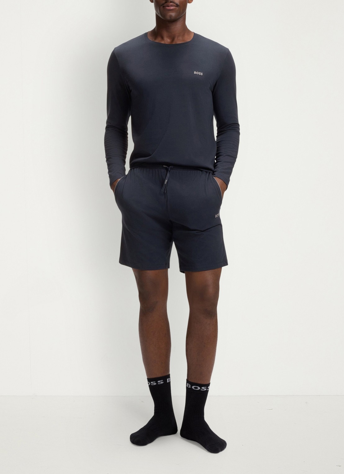 BOSS Mix&Match straight fit korte loungebroek met logo - voorkant 3 donkerblauw