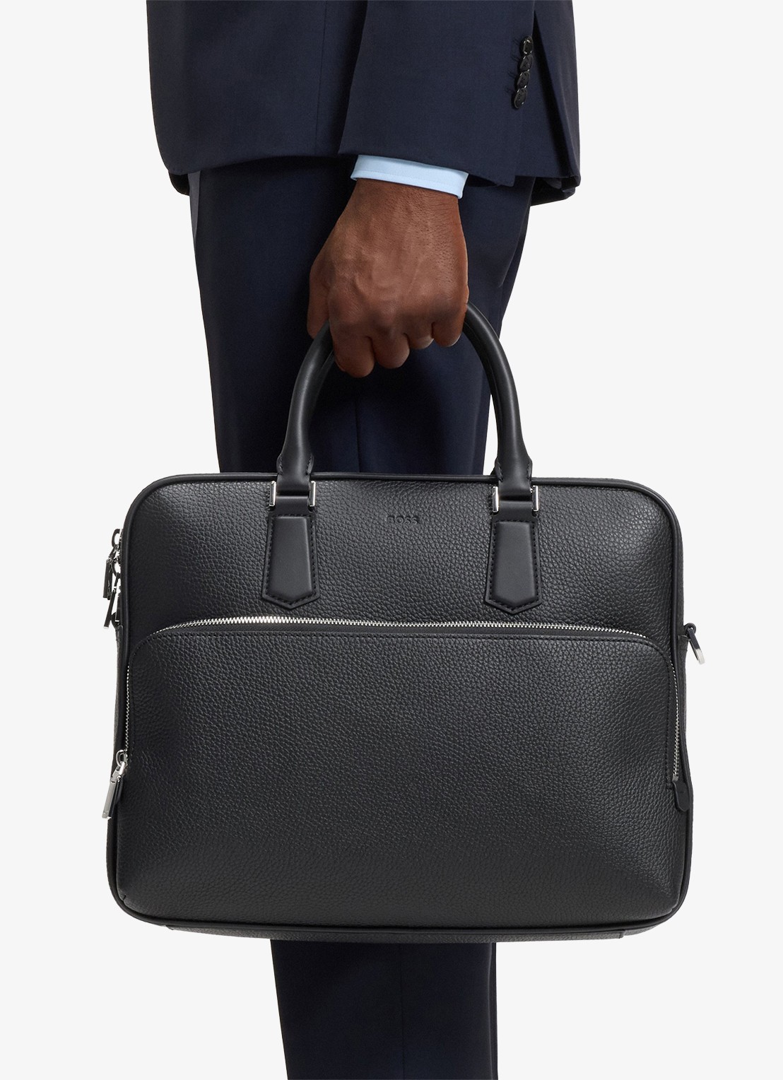 BOSS New Crosstown businesstas van leer met 15 inch laptopvak - voorkant 3 zwart