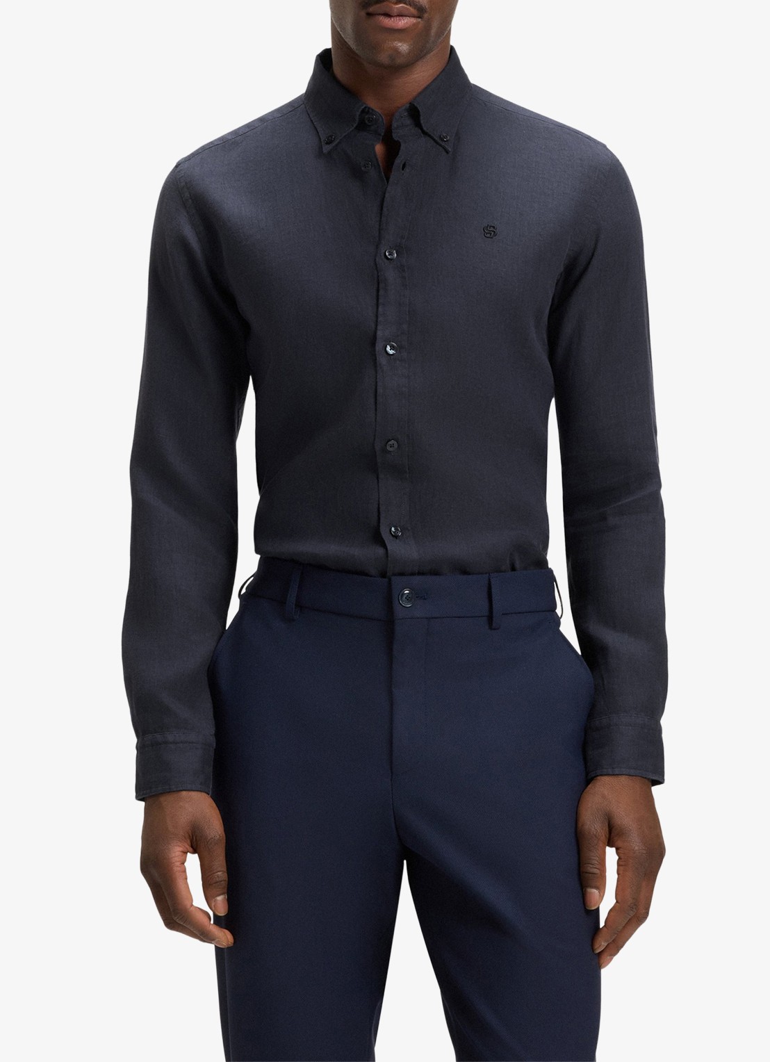 BOSS P-Roan slim fit overhemd van linnen - detail 3 donkerblauw