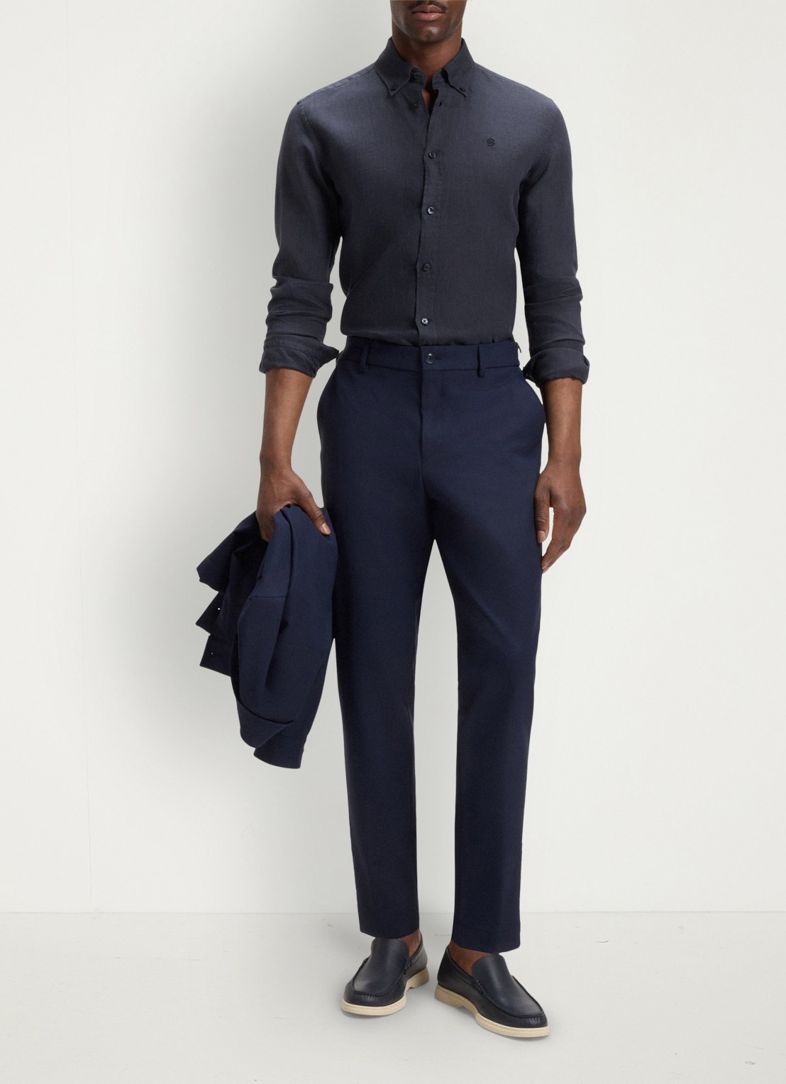 BOSS P-Roan slim fit overhemd van linnen - voorkant 2 donkerblauw