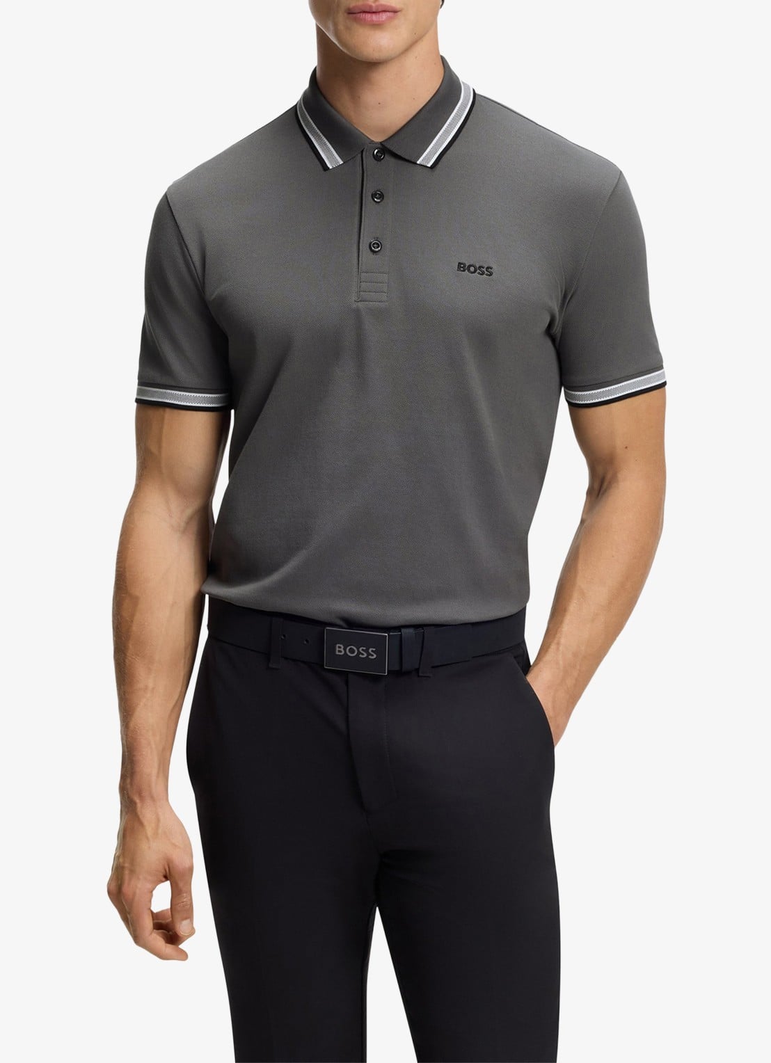 BOSS Paddy-polo van katoenpiqué - detail 3 open grey-071 / grijs