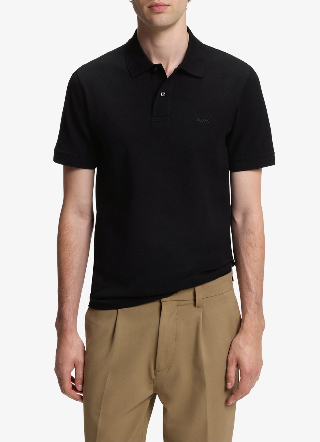 BOSS Pallas-polo van katoenpiqué met logostiksel - detail 4 black-001 / zwart