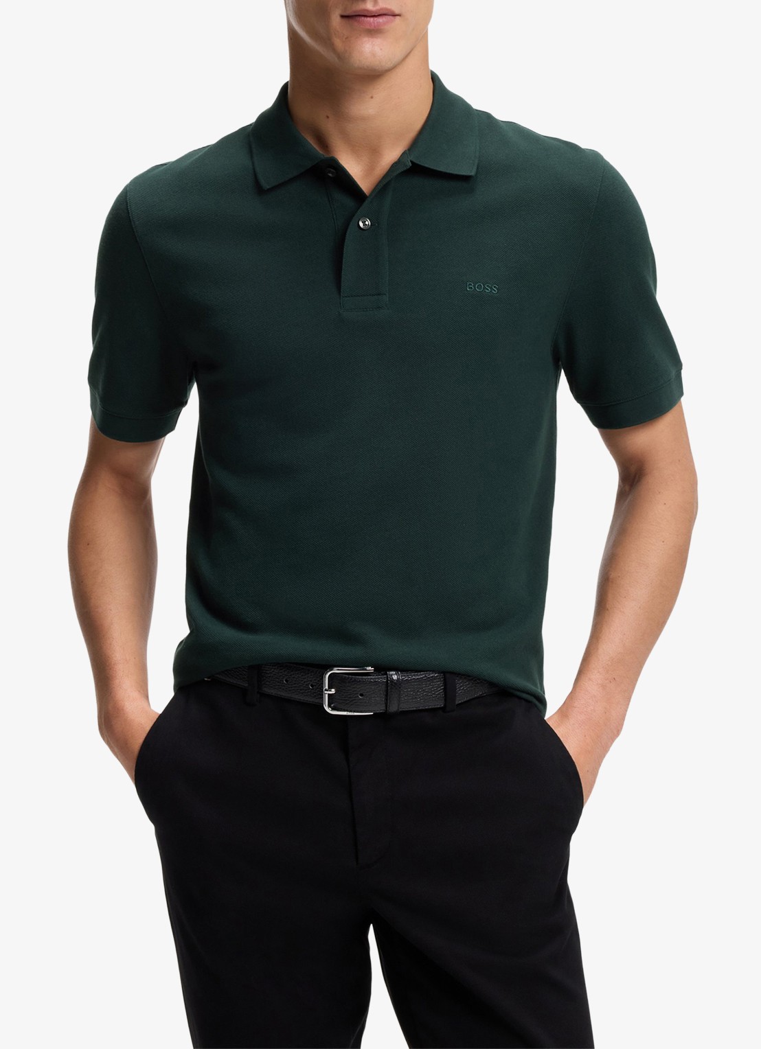 BOSS Pallas-polo van katoenpiqué met logostiksel - detail 2 open green-349 / groen