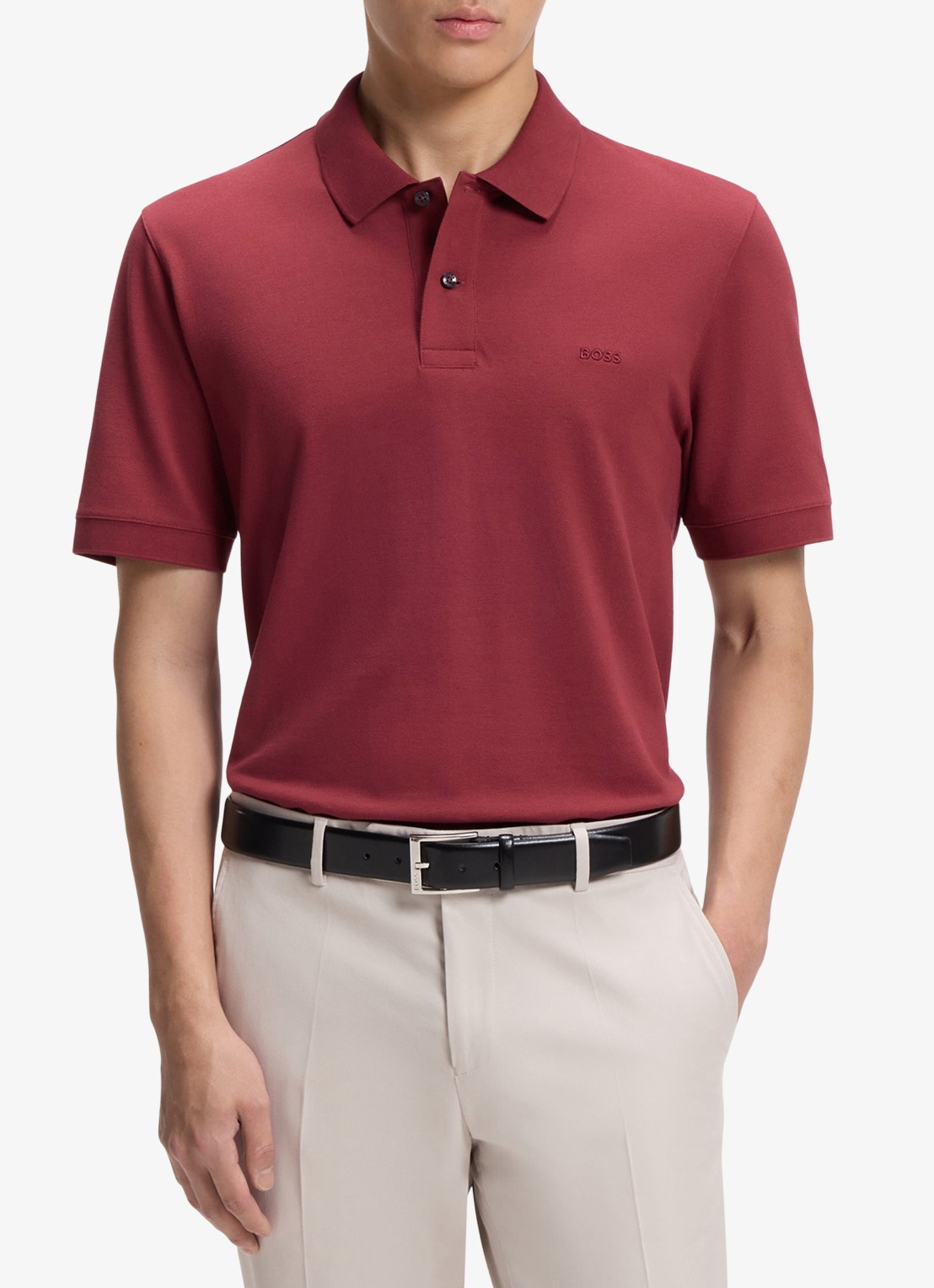 BOSS Pallas-polo van katoenpiqué met logostiksel - detail 3 medium red-611 / rood