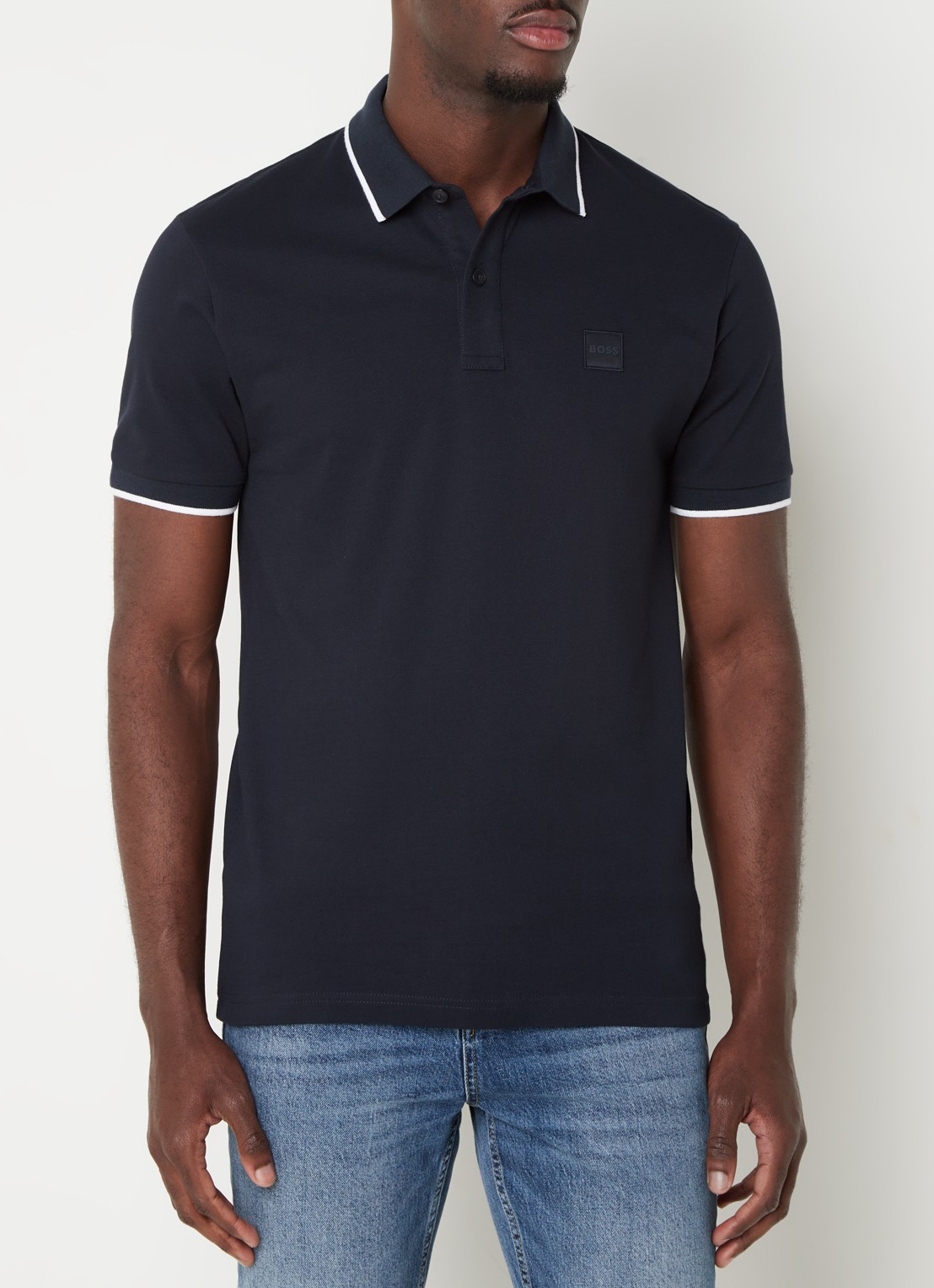 BOSS Passertip slim fit polo van piqué katoen met logo - detail 2 donkerblauw