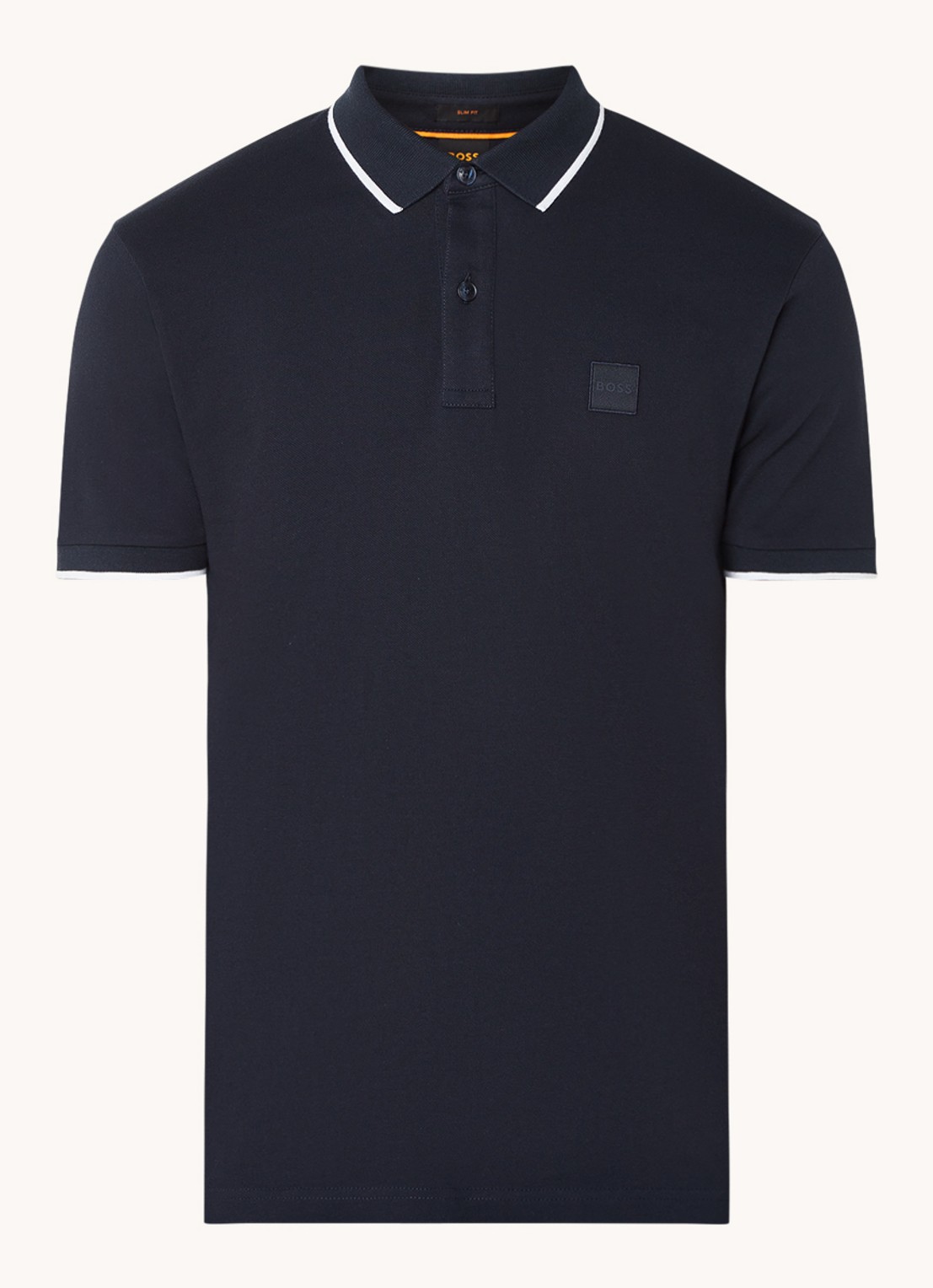 BOSS Passertip slim fit polo van piqué katoen met logo - voorkant 3 donkerblauw